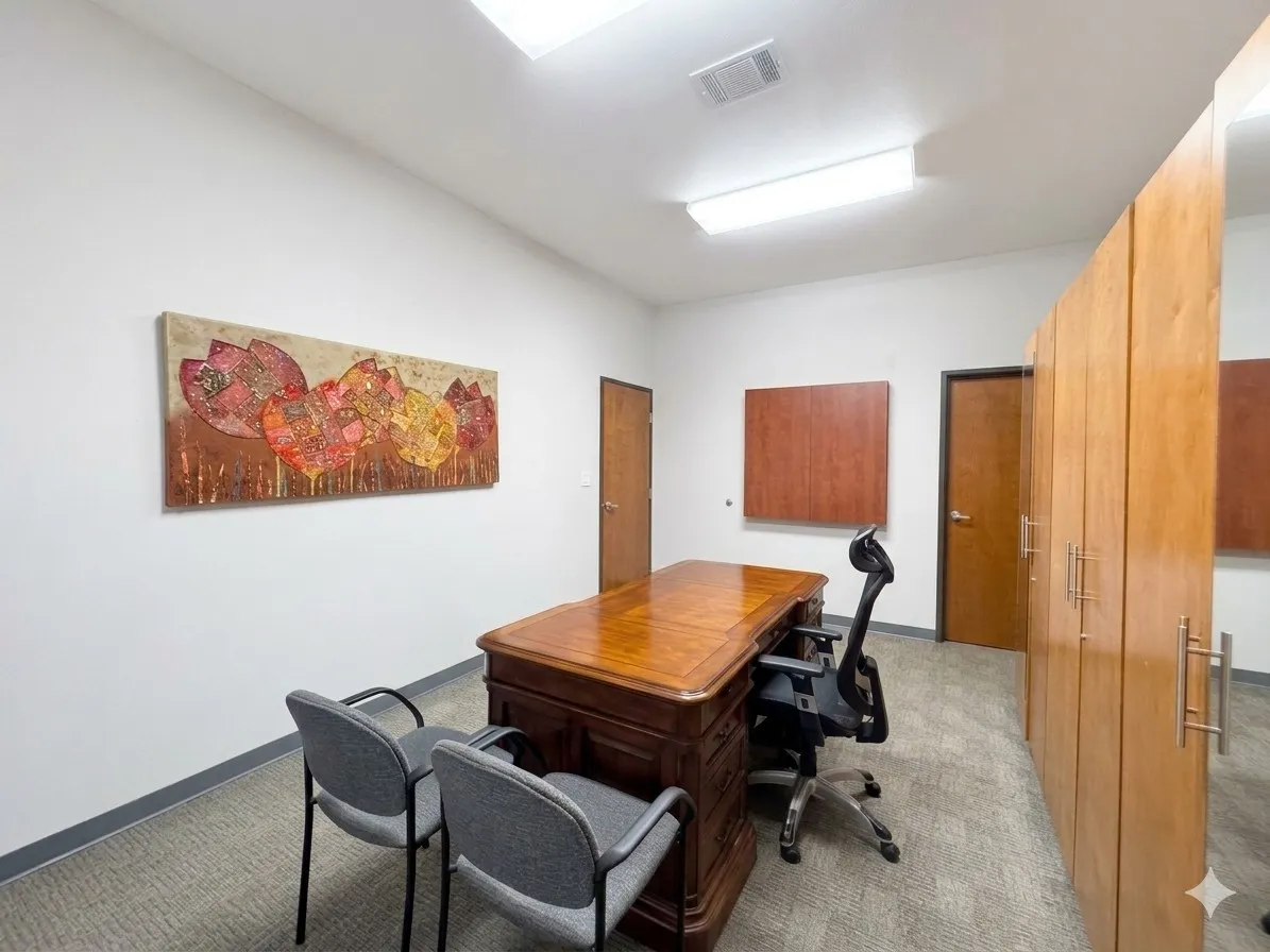 Recessed lighting, wood-finish doors, built-in wood-finish cabinetry, and carpeted flooring