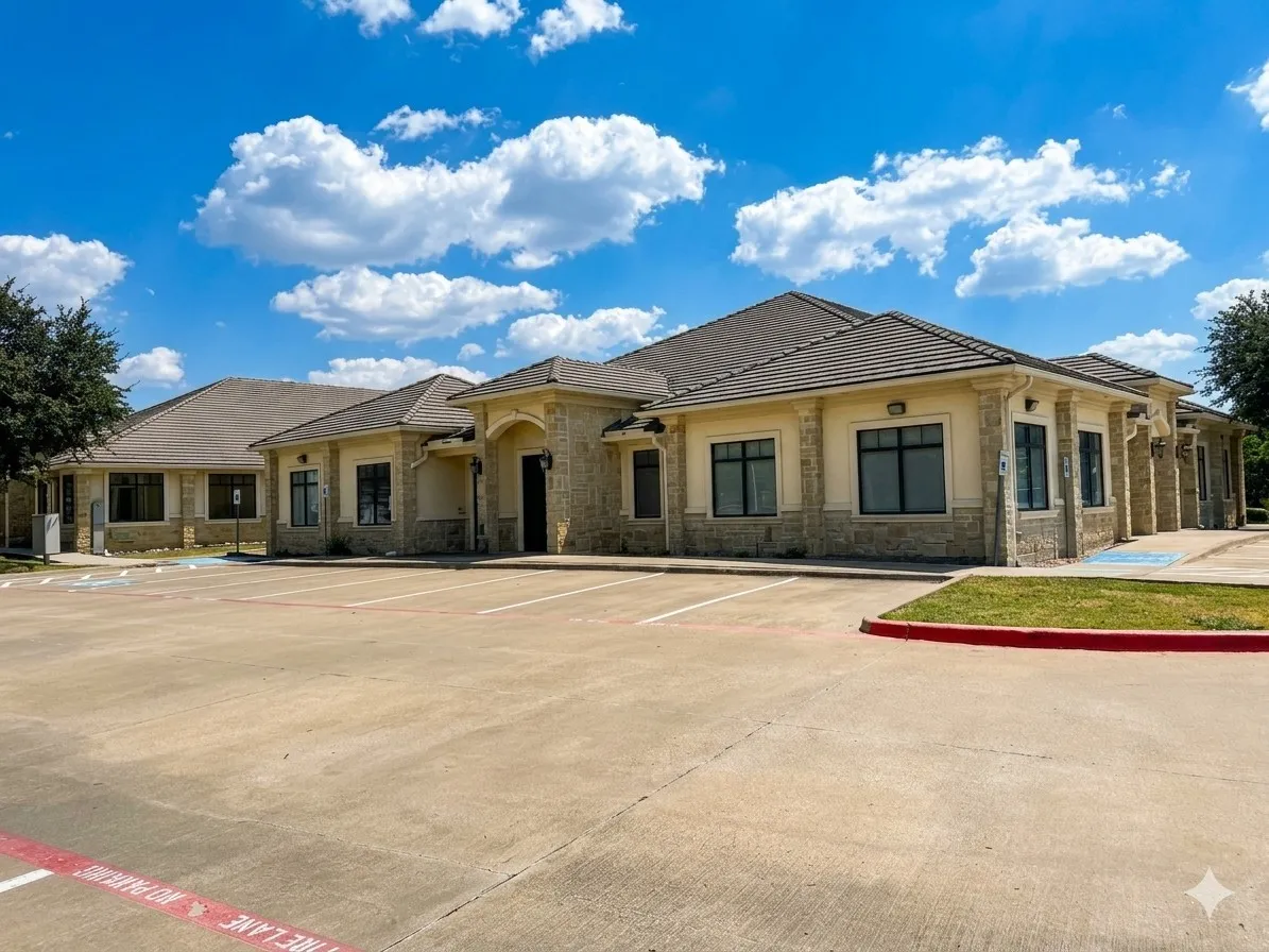 Stucco and stone facade, tile roofing, multiple windows, and a large paved parking lot
