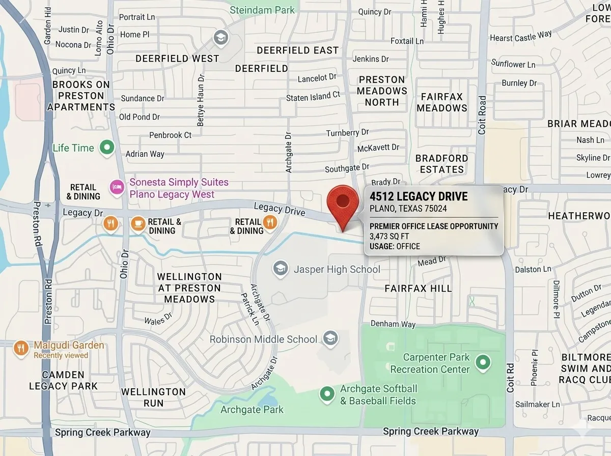 Location Map. Displaying the geographic position of the property at 4512 Legacy Drive, Plano, Texas, 75024, along with its square footage and usage classification