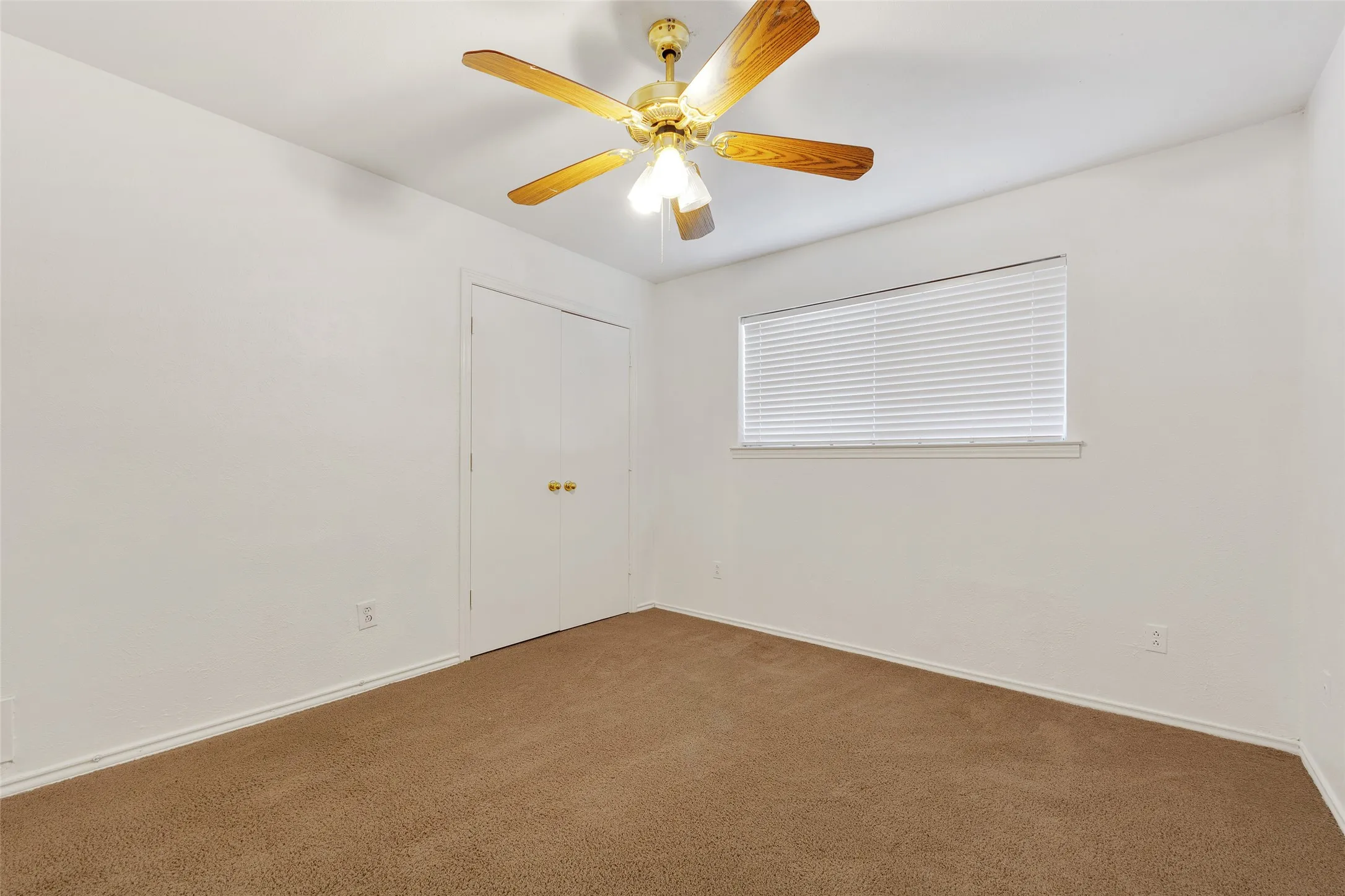 Brown carpet flooring, white walls, and a window with blinds