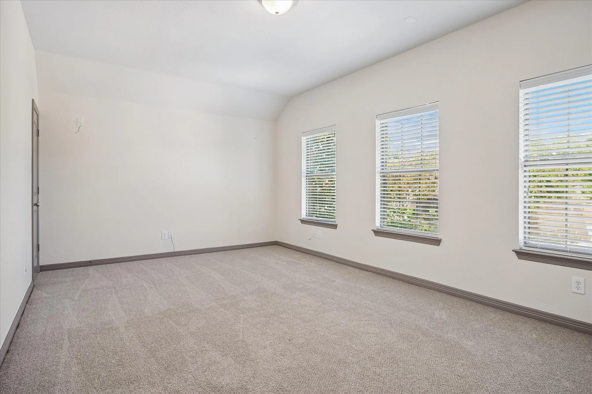 Spacious room featuring multiple windows with blinds, neutral-toned carpet flooring, and a flush mount ceiling light
