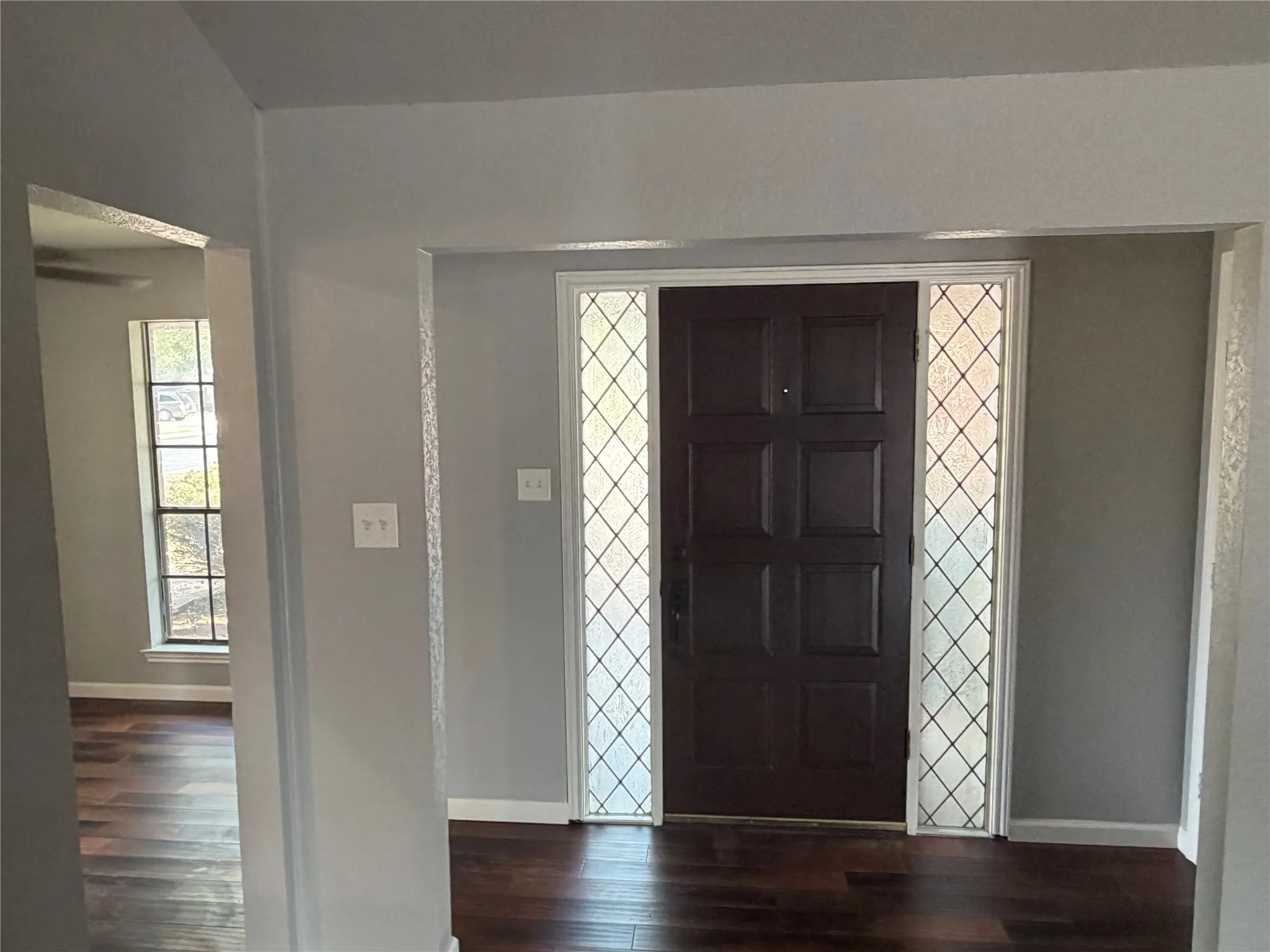 Panel door entry with decorative glass sidelights, wood-finish flooring, and light-toned wall paint