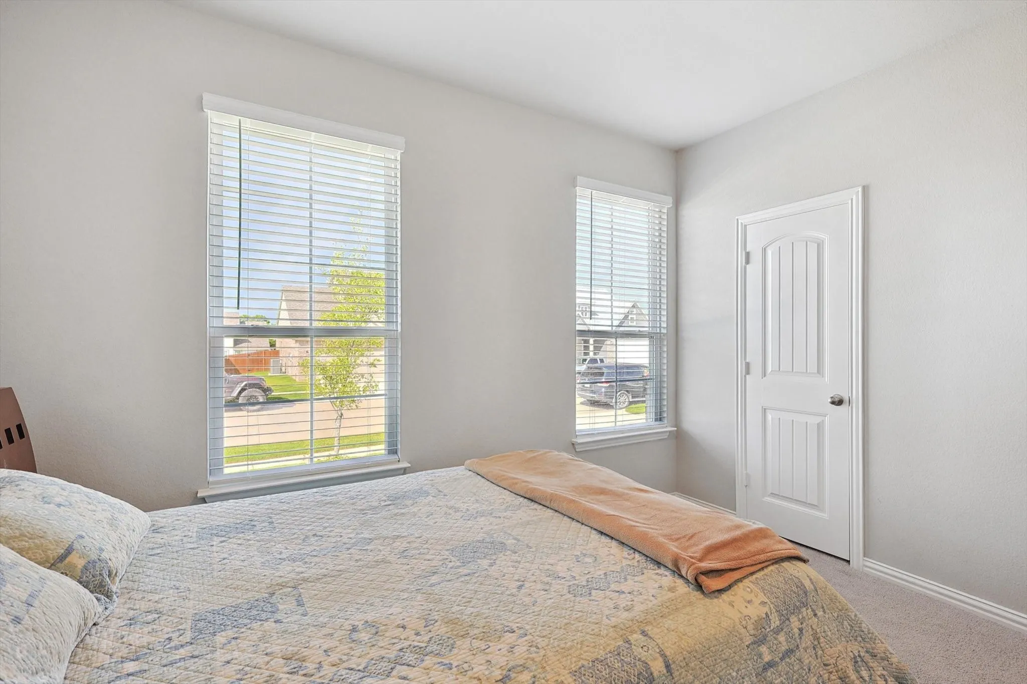 Dual windows with blinds, white paneled door, and neutral wall tones