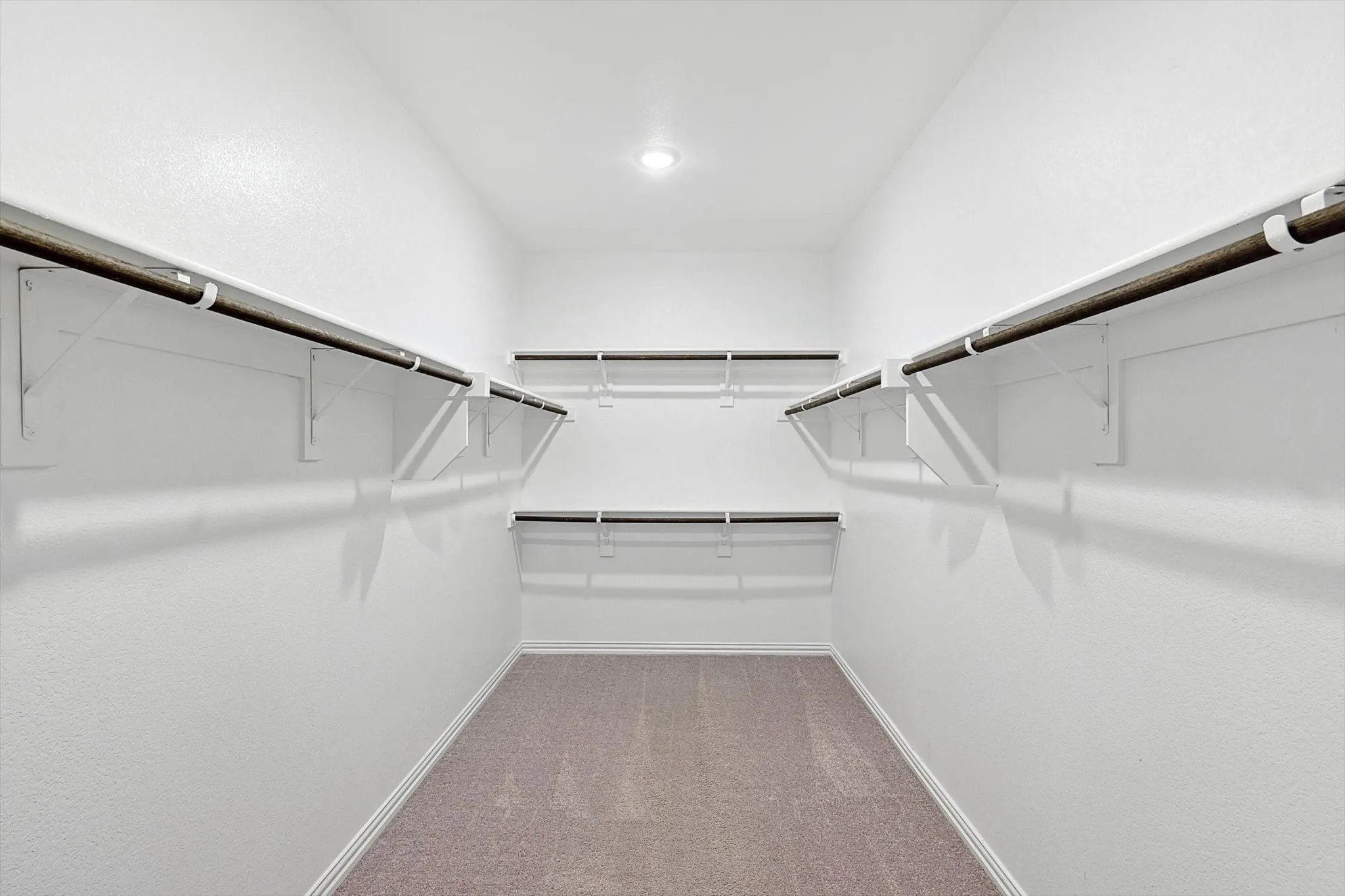 Walk-in closet with carpet flooring, recessed lighting, and multiple hanging rods with shelving