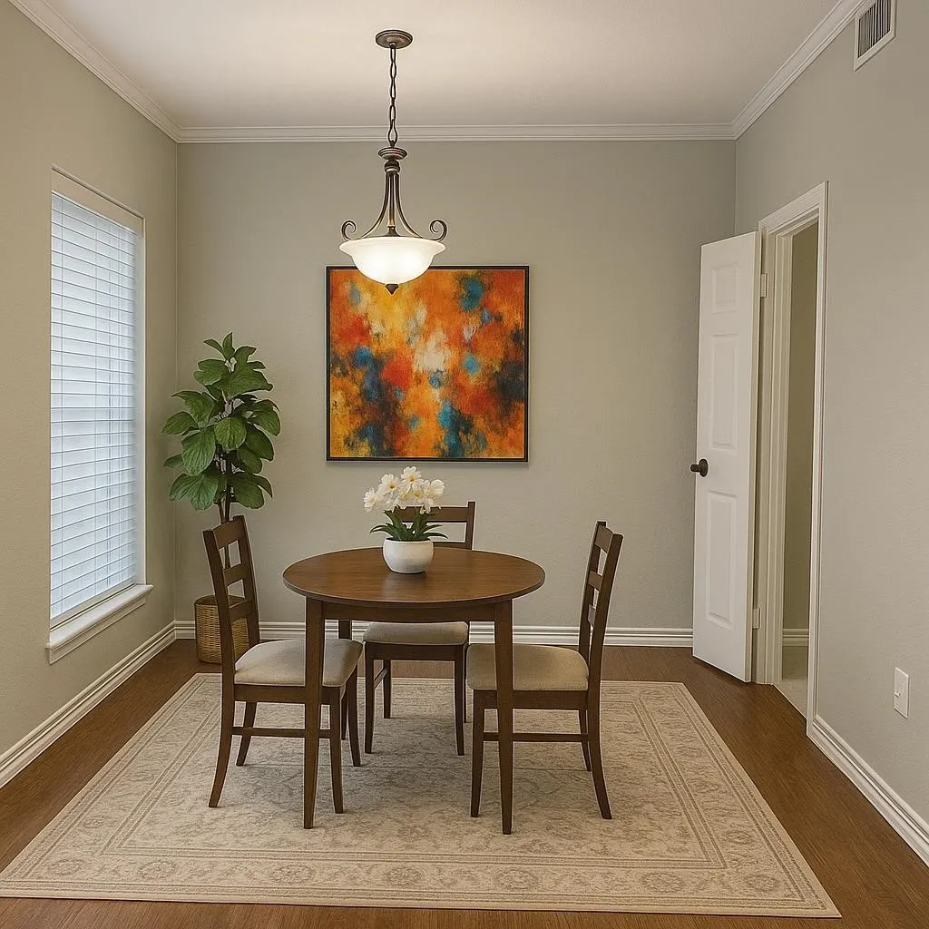 Crown molding, wood-finish flooring, white window blinds, and an overhead decorative light fixture