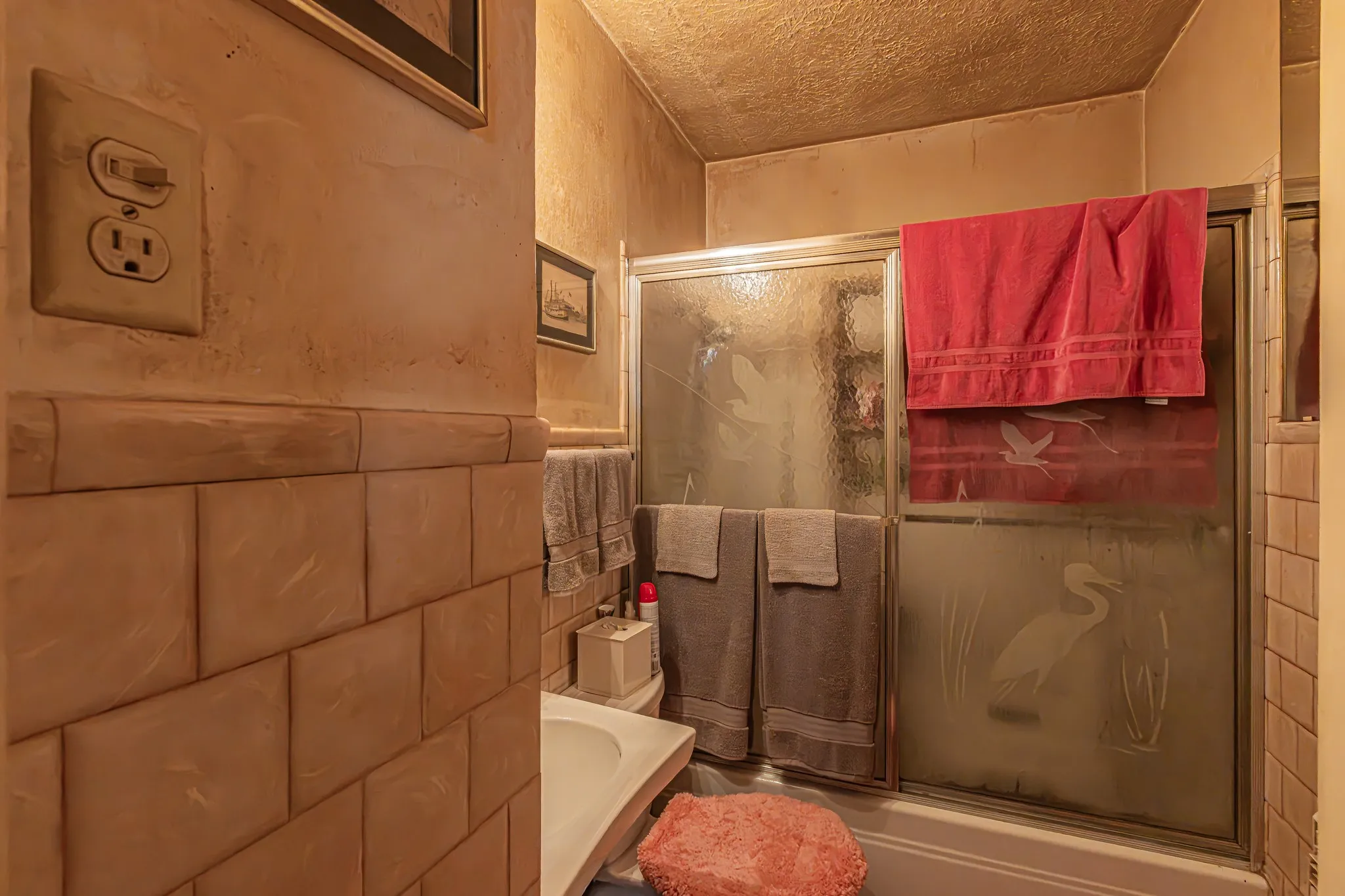 Shower-tub combination with sliding glass doors featuring etched detailing