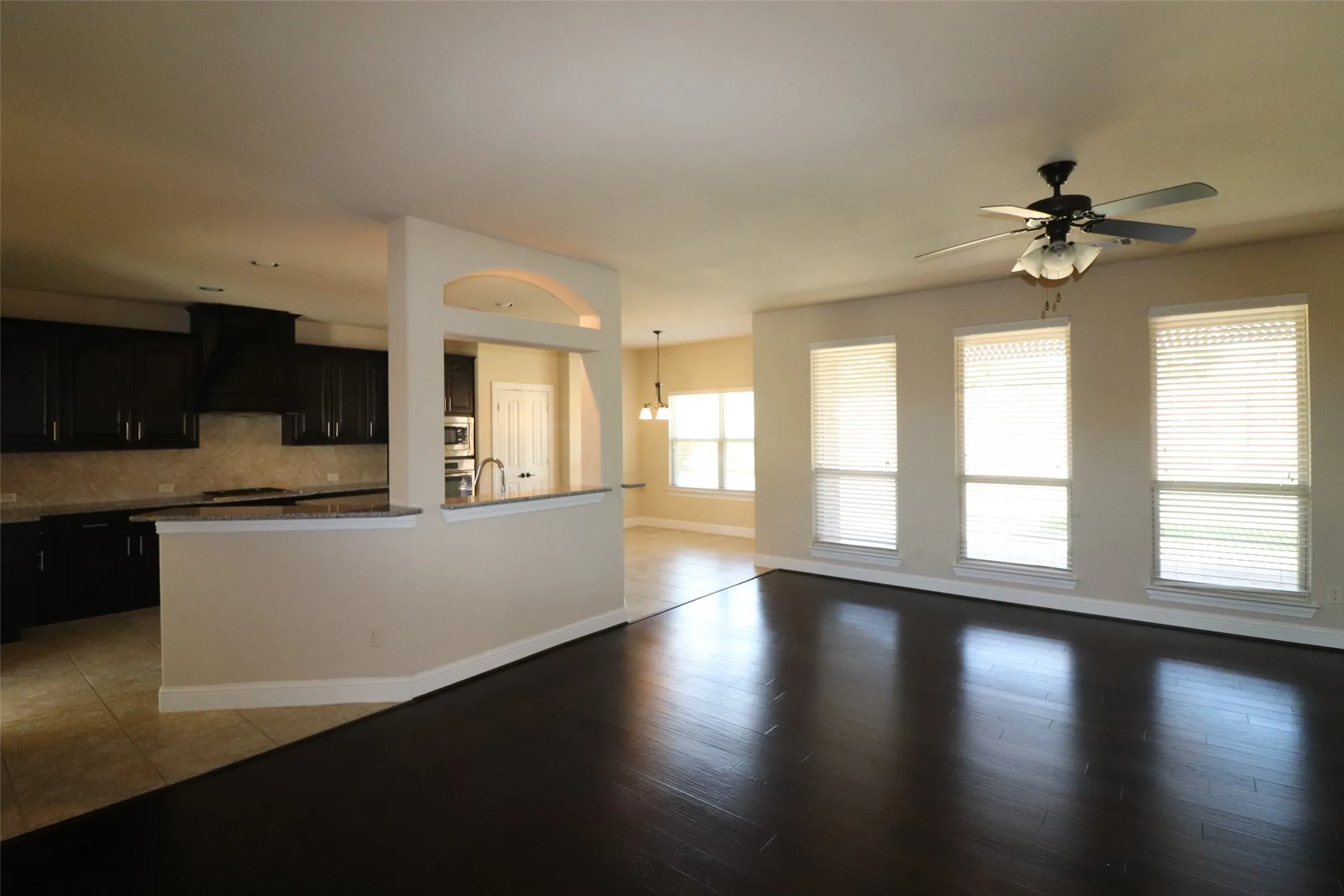 Open-concept living space featuring dark wood-finish flooring, a kitchen with dark cabinetry, integrated stainless steel appliances, and a tiled backsplash