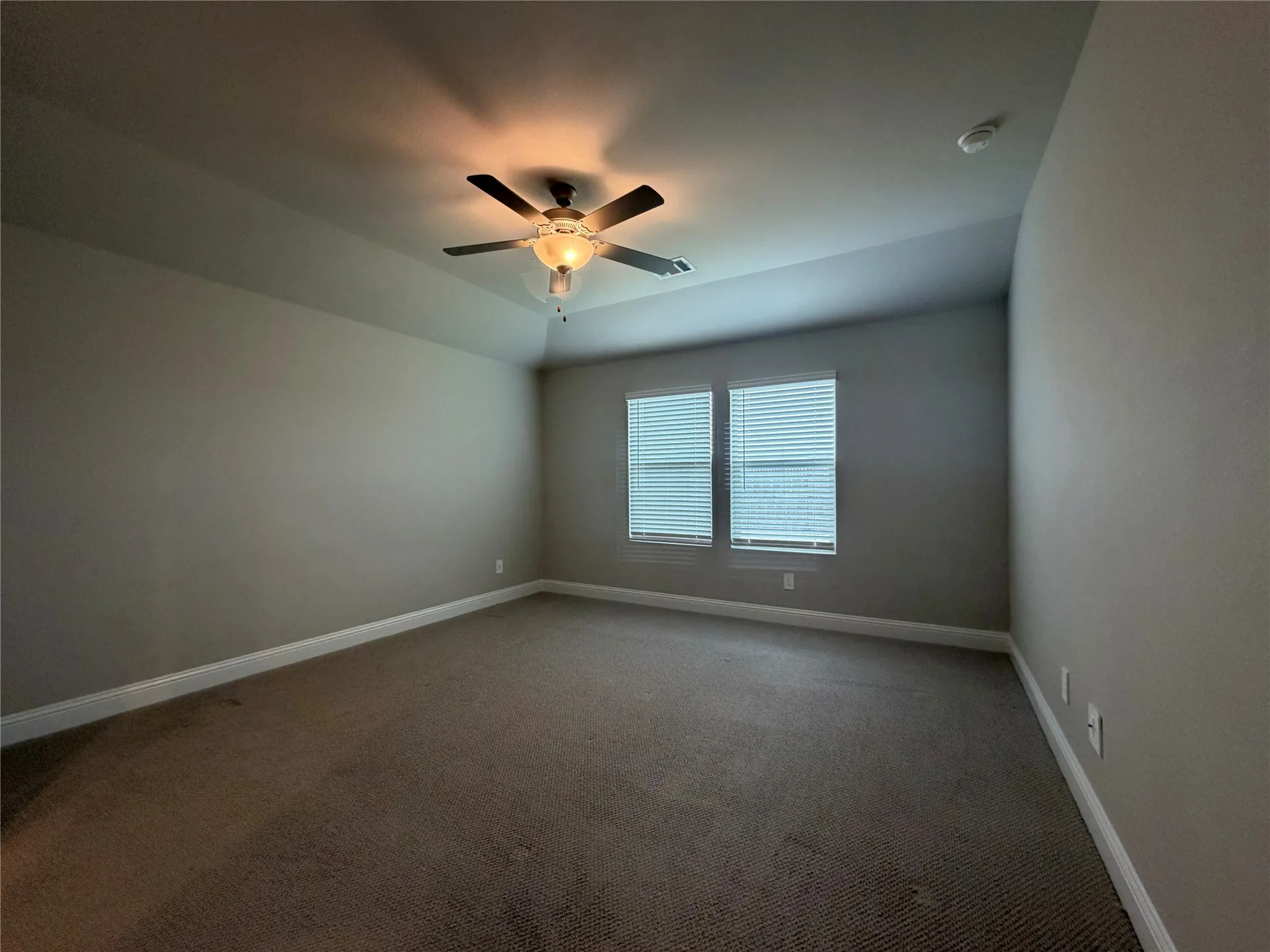 Tray ceiling with a ceiling fan, dual windows with blinds, and carpeted flooring