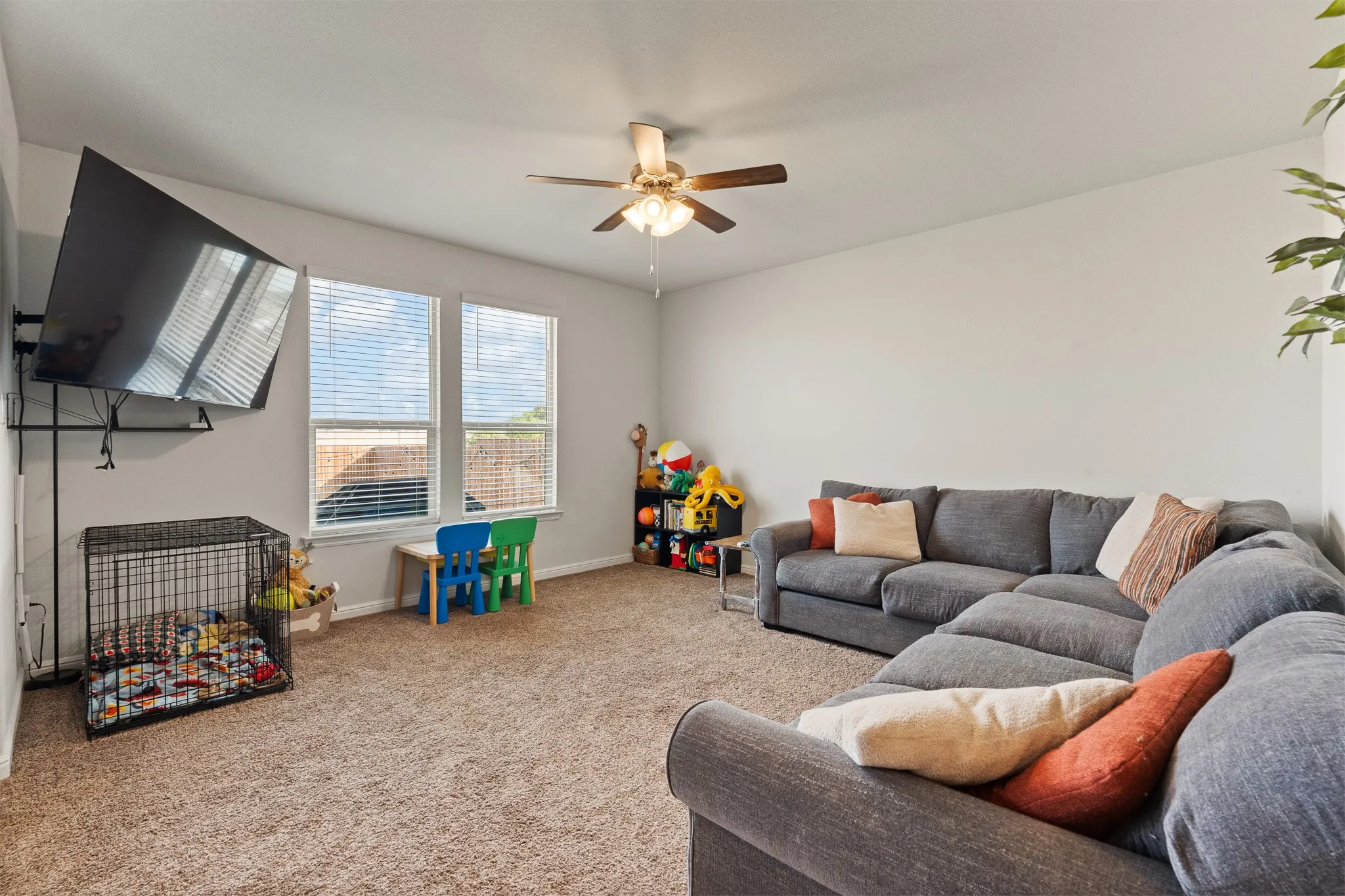 Ceiling fan, wall-mounted television bracket, dual windows with blinds, and neutral carpet flooring