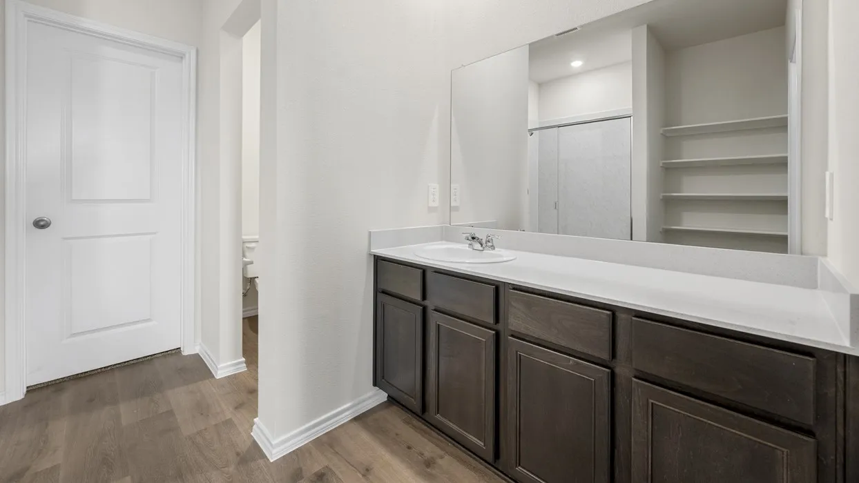 Wood-finish flooring, white panel door, dark wood-tone vanity, integrated sink, and a large wall-mounted mirror