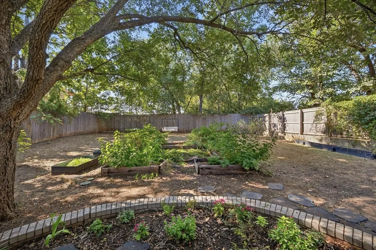 Spacious backyard with mature tree, multiple raised garden beds, and wood fencing