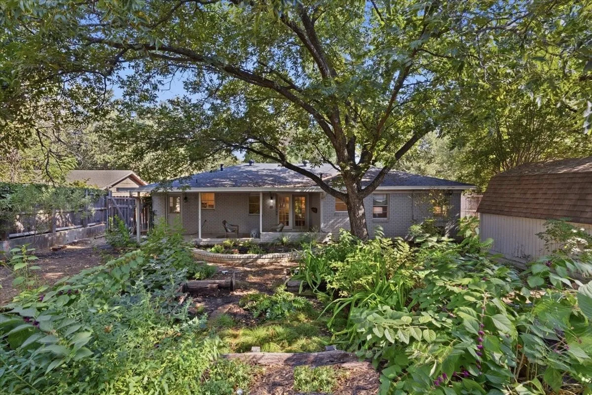 Expansive backyard featuring a mature tree, diverse plantings, and a detached shed with a shingle roof