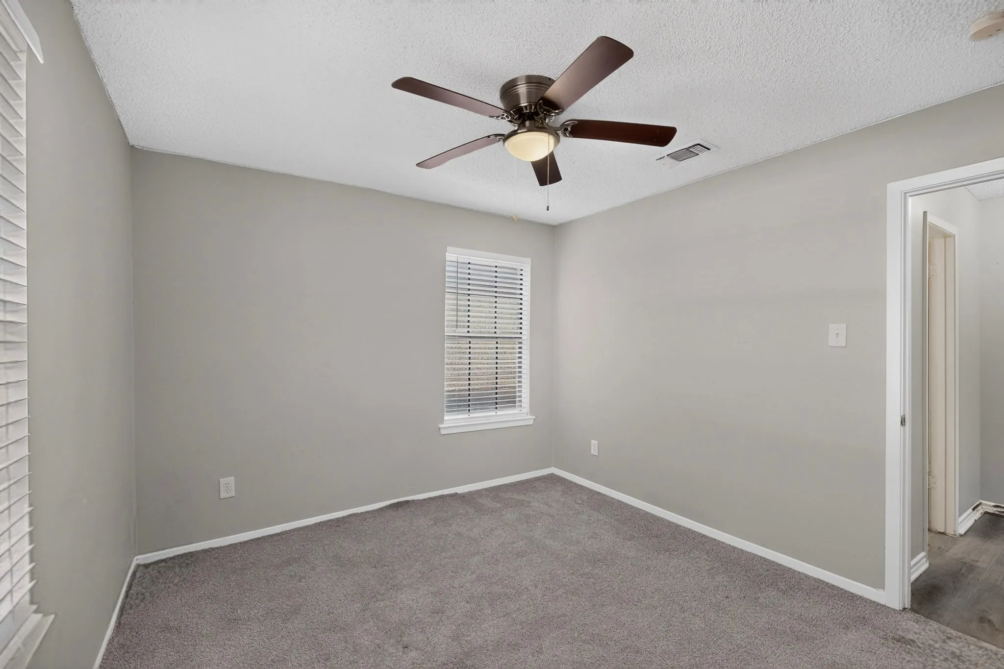Neutral tone wall paint with window blinds, carpet flooring, and ceiling fan with light fixture