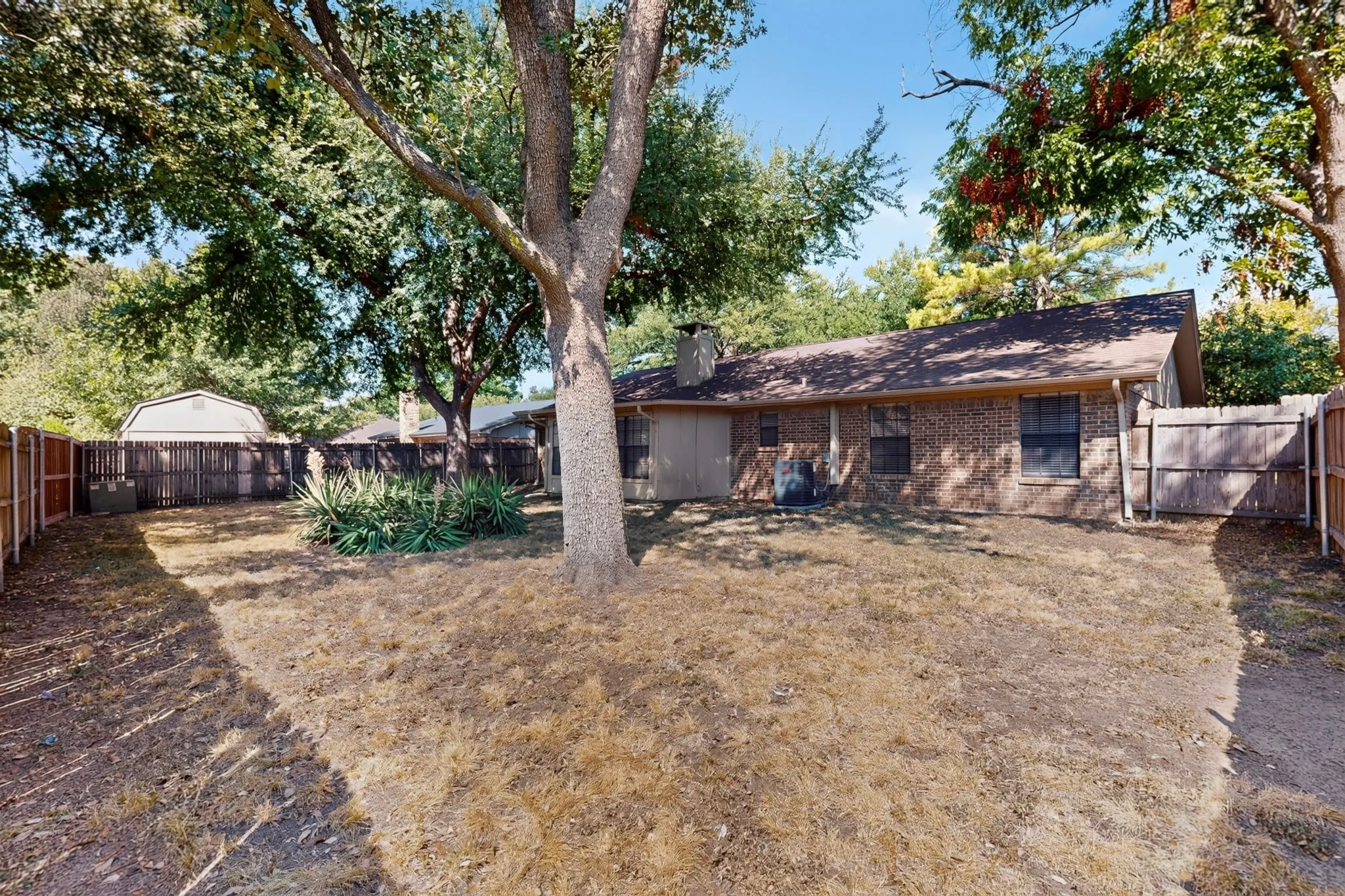 Spacious backyard with mature shade trees, established shrubbery, and wood fencing