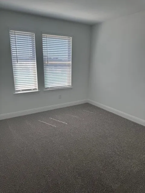 Plush gray carpeting, white painted walls, and two windows with horizontal blinds