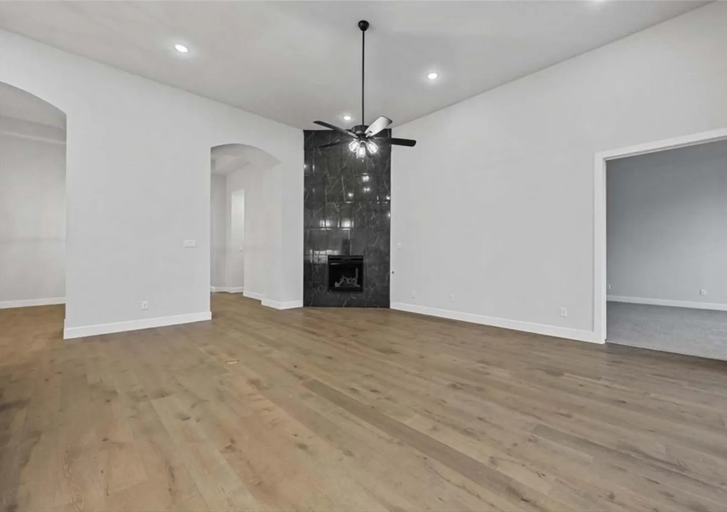 Spacious room with wood-finish flooring, a contemporary fireplace with a dark stone-look surround, and recessed ceiling lighting