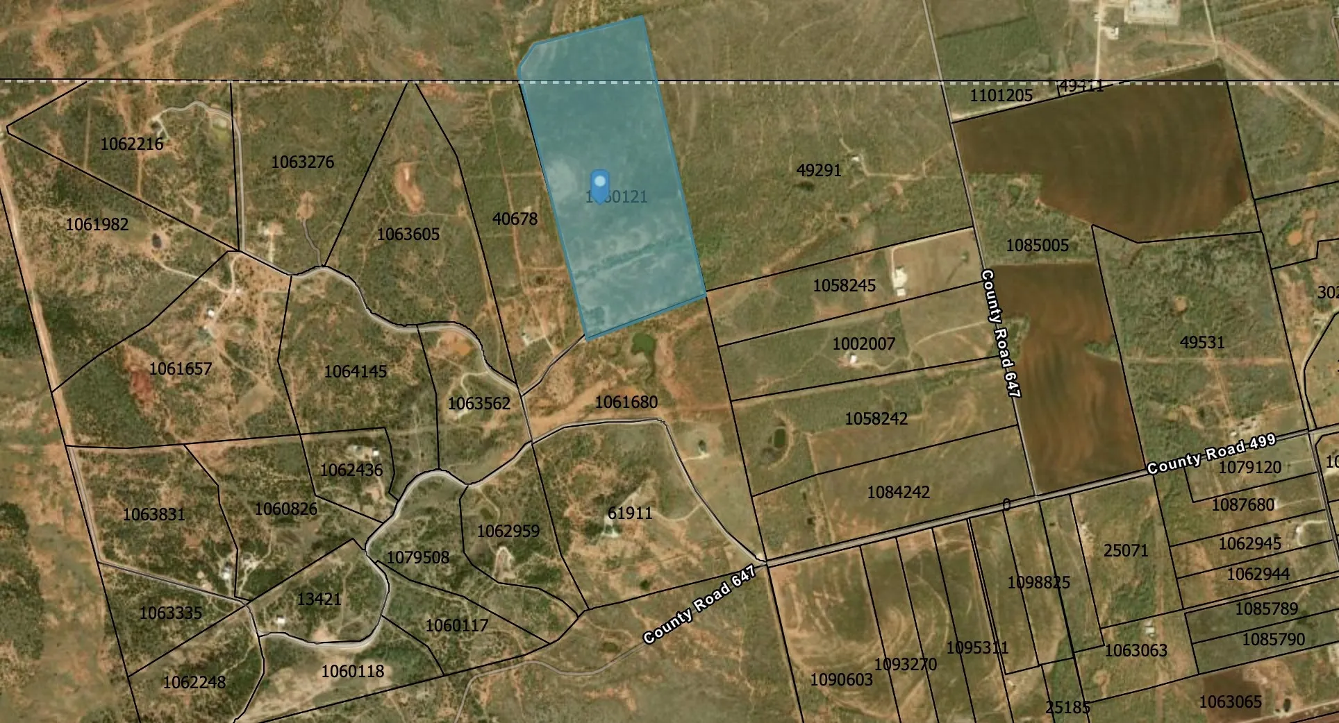 Aerial Map. Displaying property boundaries and identification numbers for land parcels, with one parcel highlighted