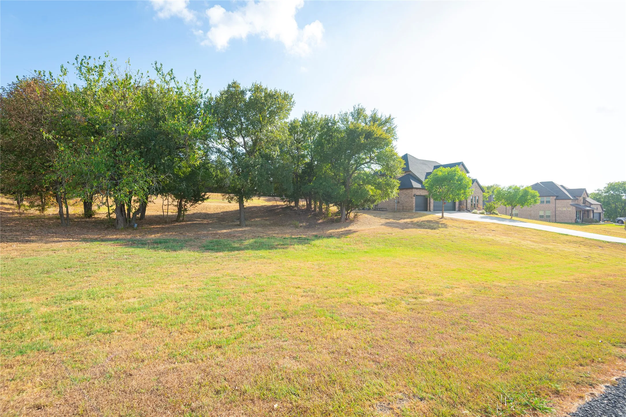Expansive grassy property with scattered mature trees and a paved driveway leading to a brick-clad home featuring a dark roof