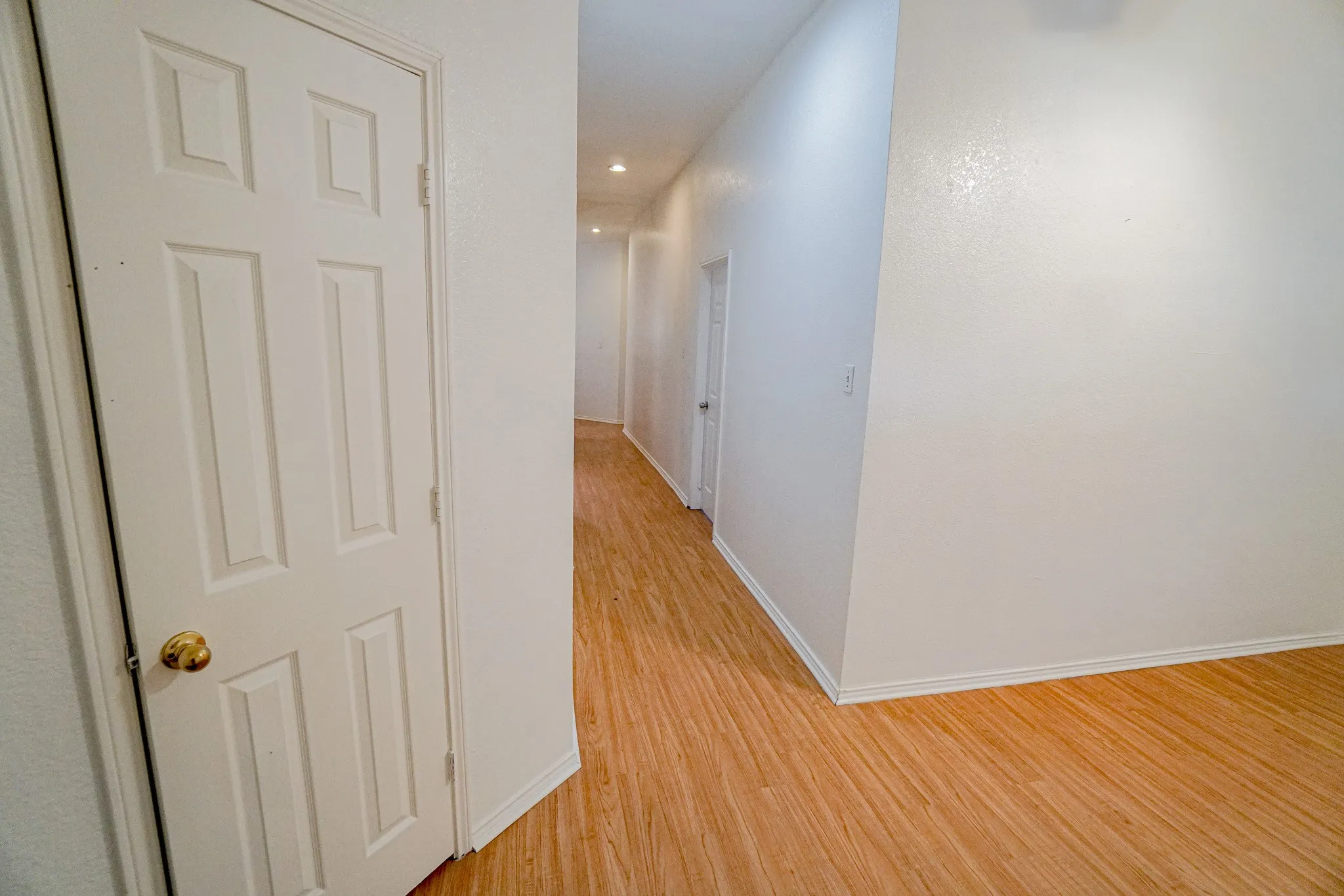 Hallway featuring wood-finish flooring, recessed lighting, and panel doors
