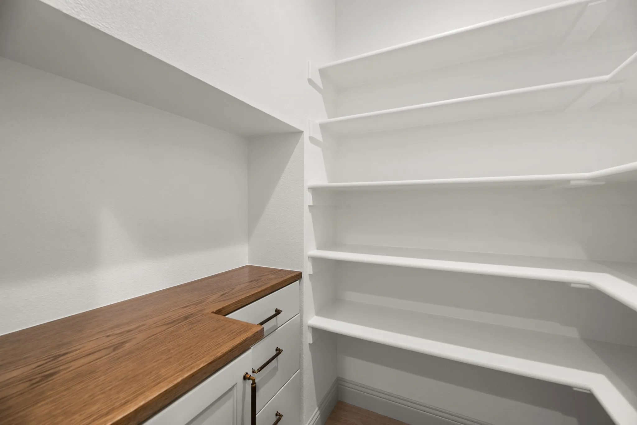 Walk-in pantry offers generous shelving and convenient storage just steps from the kitchen in this thoughtfully designed new construction home.