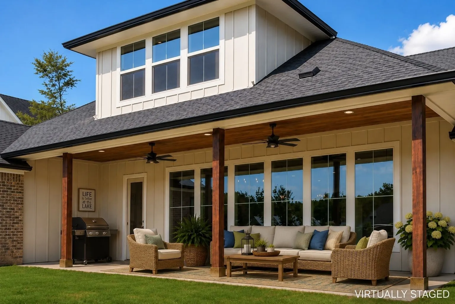 Virtually staged covered patio illustrates an inviting outdoor living area designed for relaxing and entertaining at the lake.