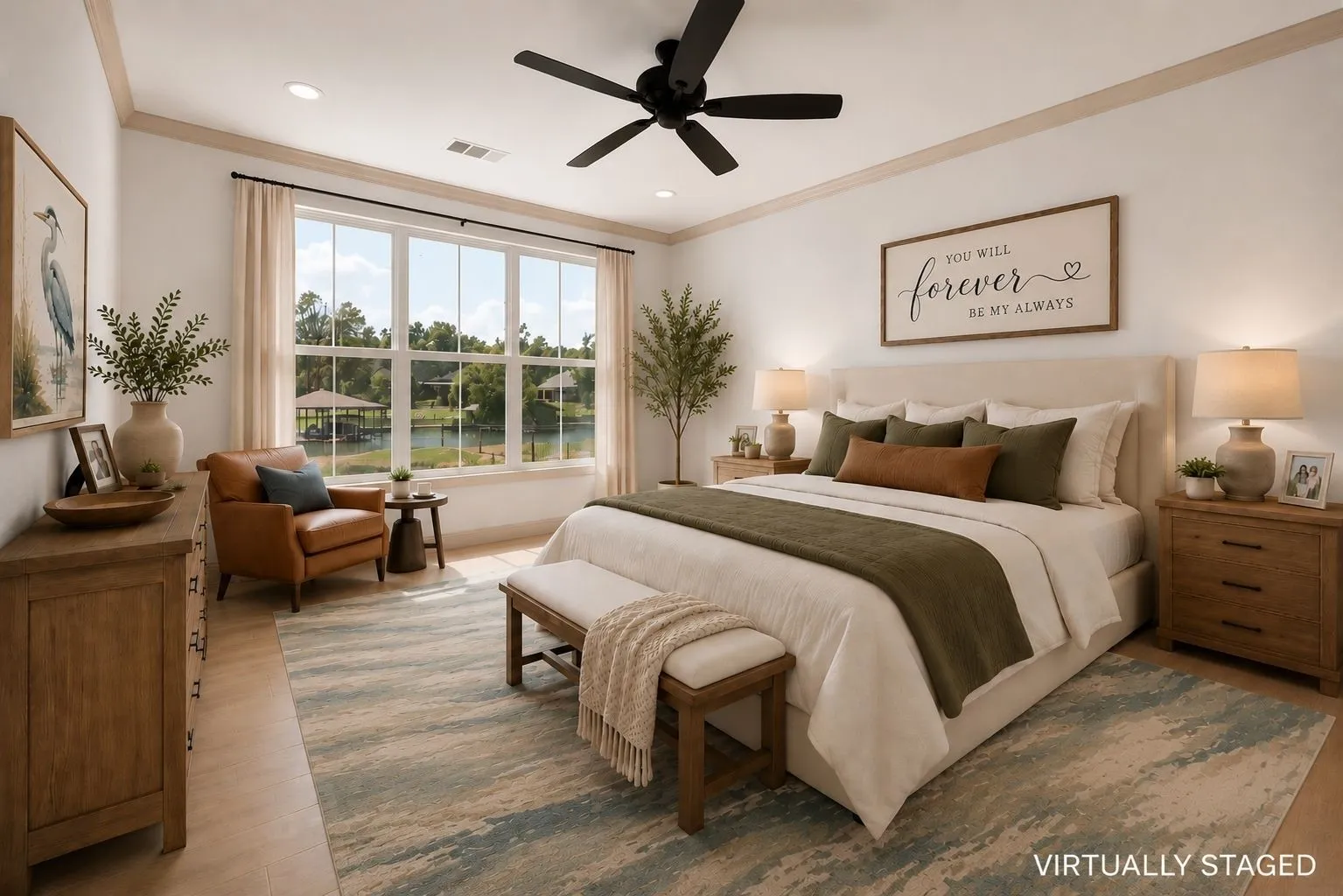 Virtually staged primary suite illustrates a warm, relaxing retreat with generous proportions and lake-inspired modern farmhouse style.