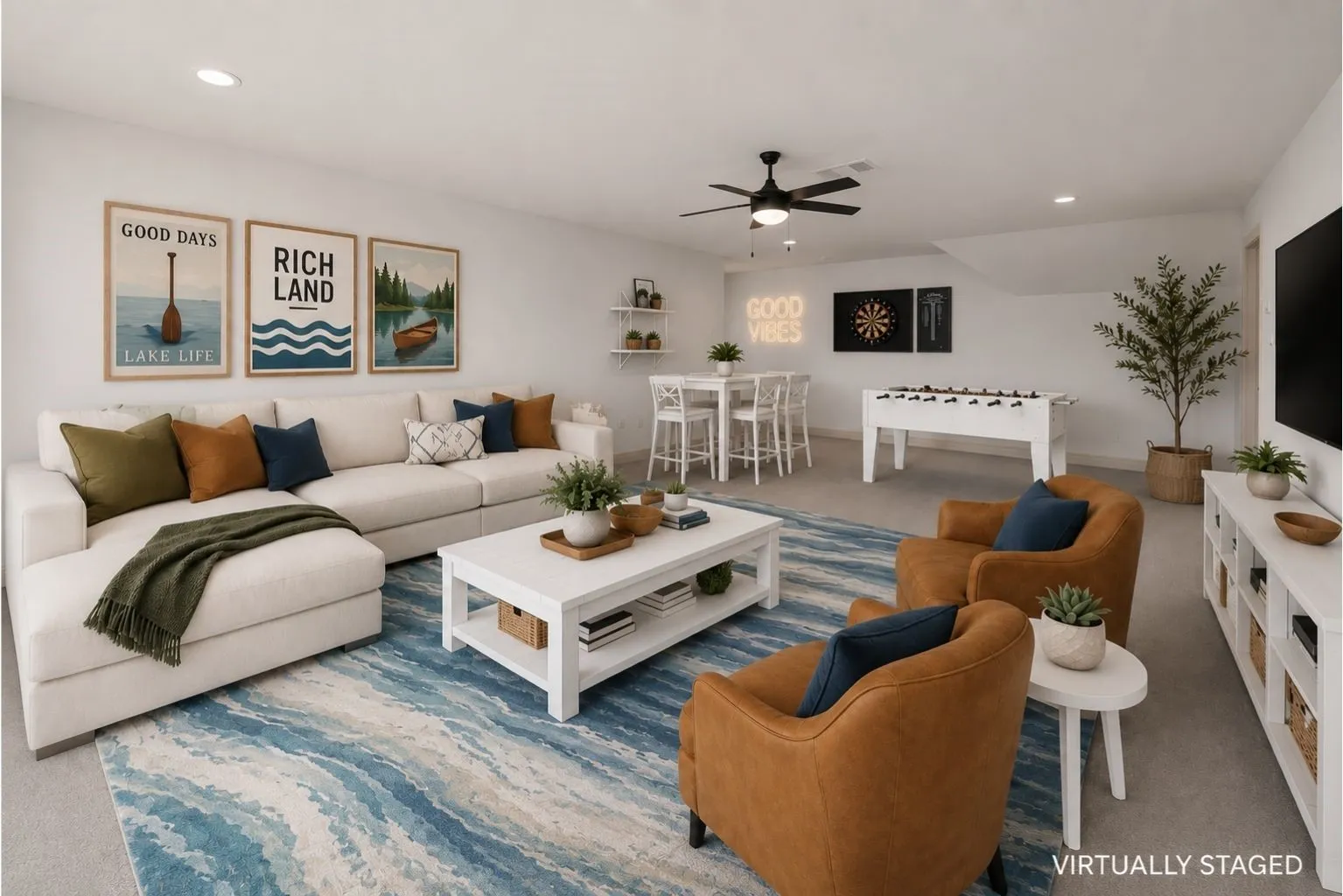 Virtually staged bonus room demonstrates the home's impressive potential for a fun family game room and casual second living space.