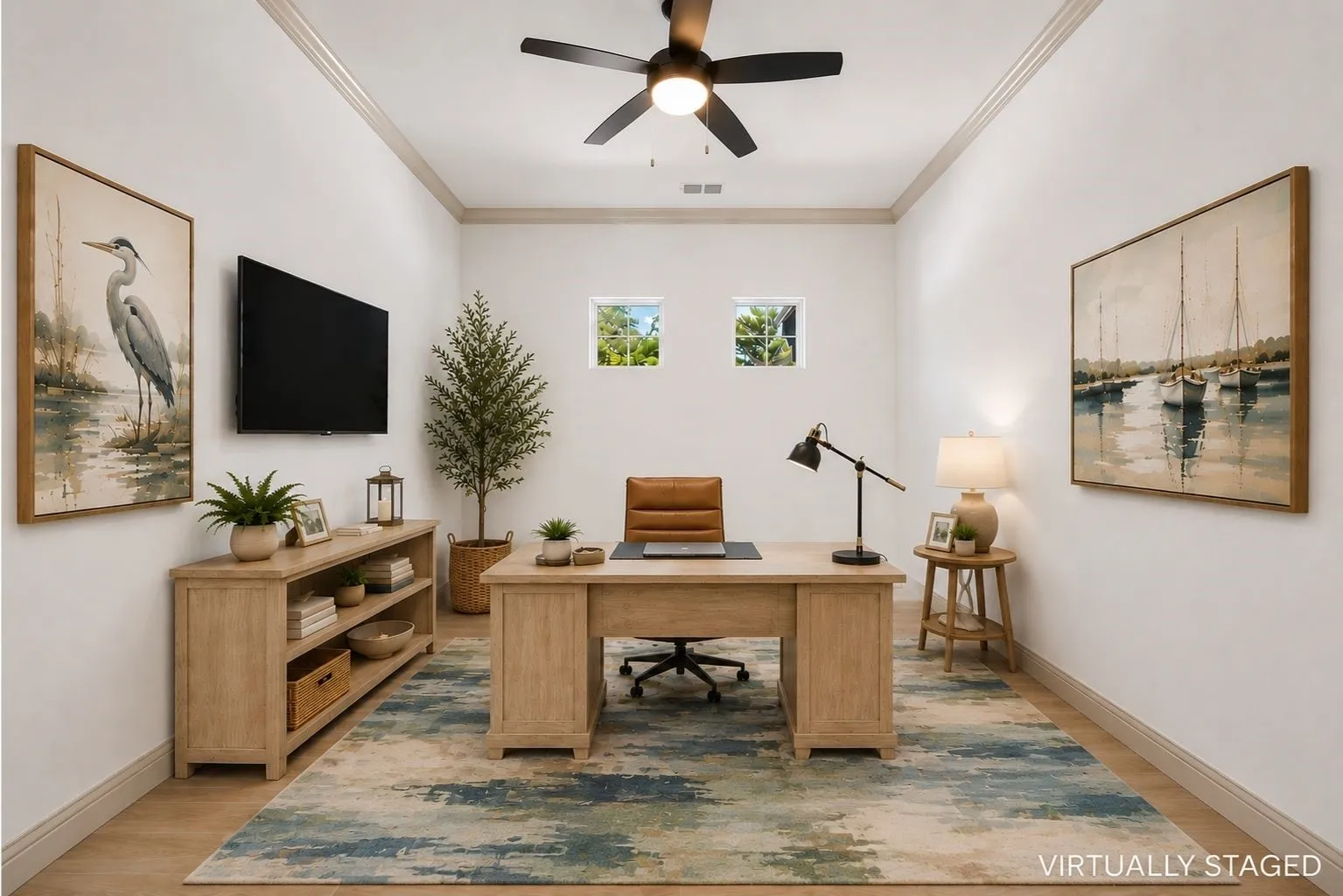 Virtually staged home office pairs a spacious workspace with warm modern furnishings and sophisticated lake-inspired design.