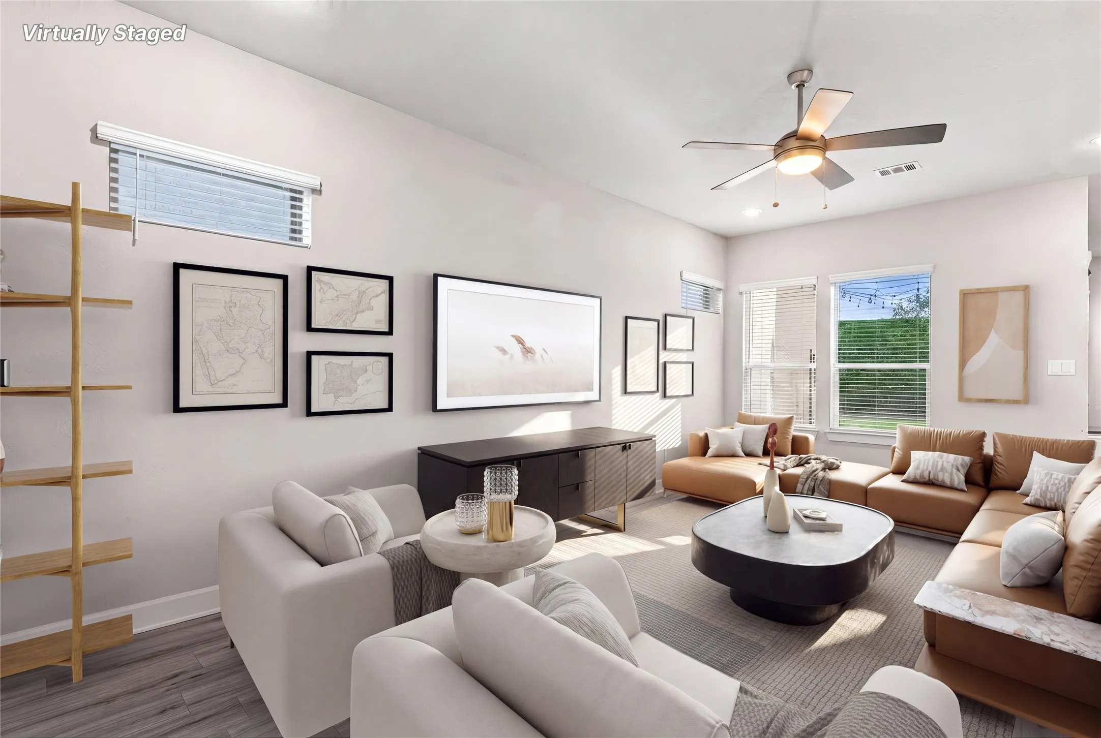 Large living space on first floor that has been virtually staged