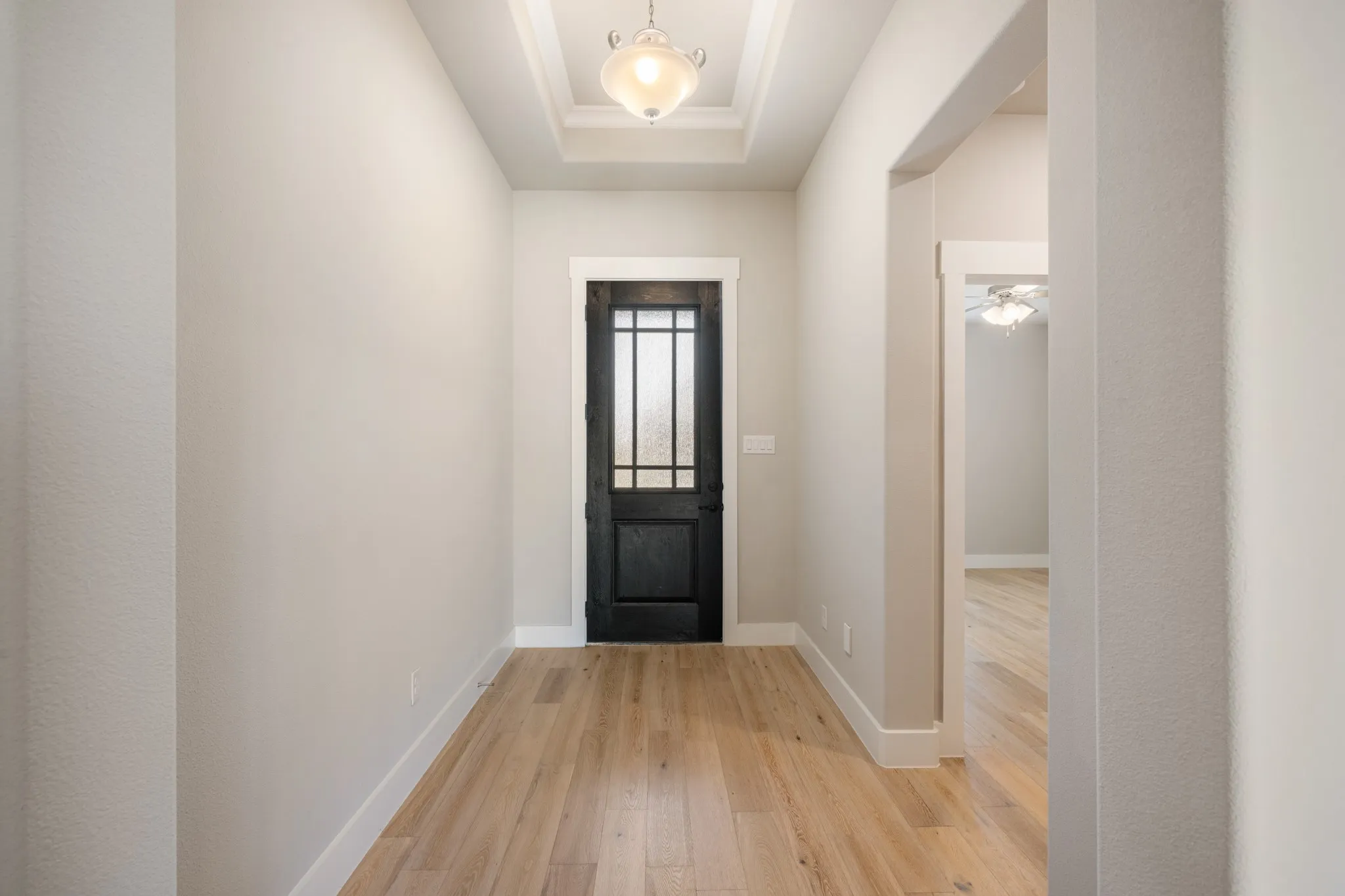 Welcoming foyer features a decorative tray ceiling with elegant pendant lighting, durable wood-look flooring, and a stylish glass-paneled front door. The open layout provides a seamless transition into the main living areas.