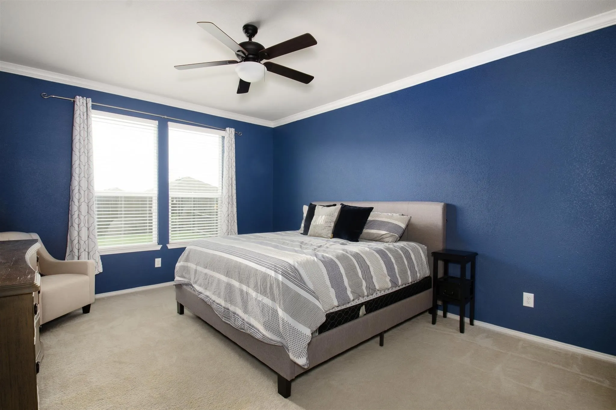 Dual windows with horizontal blinds, overhead ceiling fan, crown molding, and carpet flooring