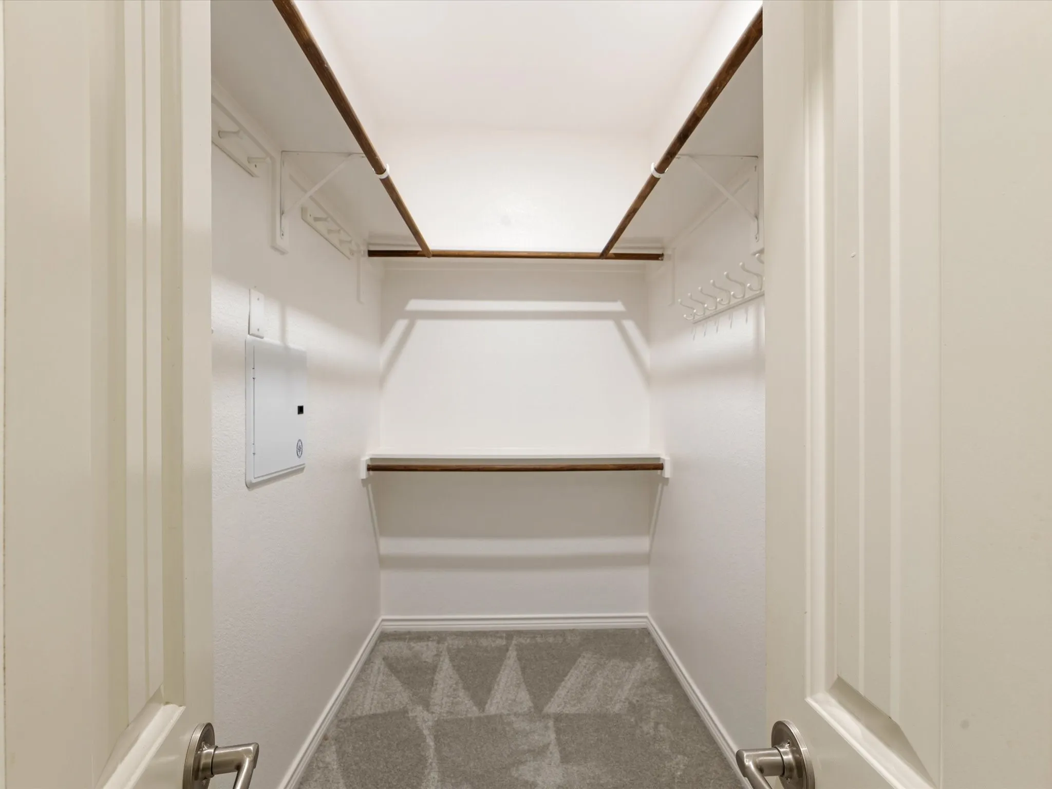 Built-in shelving, hanging rods, and carpeted flooring