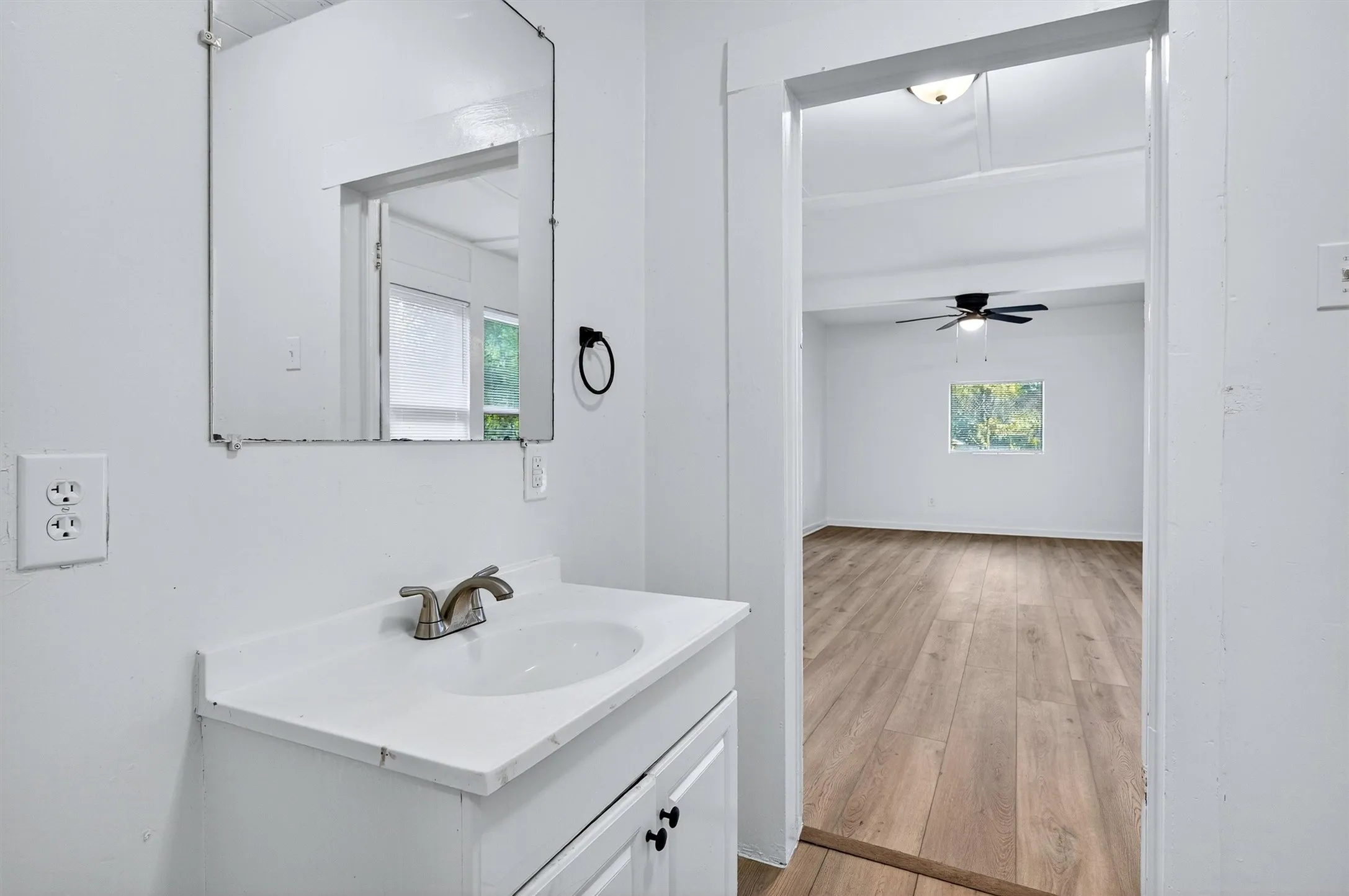 Bathroom featuring light wood finished floors, vanity, plenty of natural light, and ceiling fan