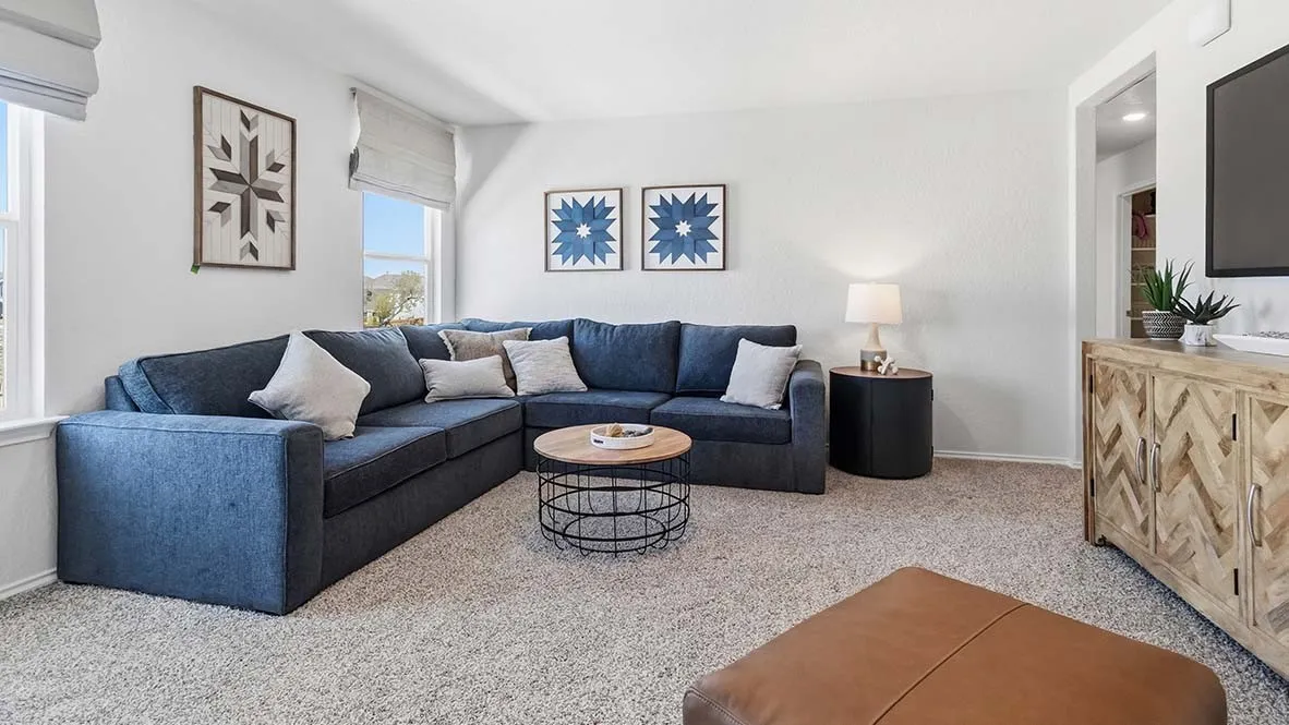 Light-toned carpet flooring, multiple windows with neutral roller shades, and a built-in media cabinet with a herringbone wood finish