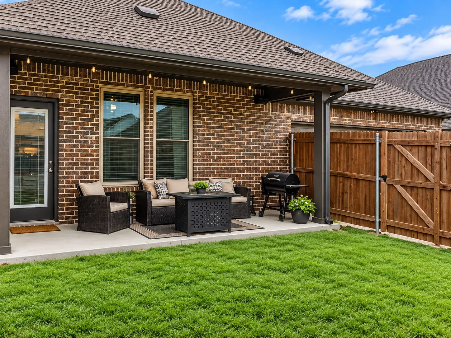 Expansive concrete patio with string lighting, brick exterior, and a wood privacy fence