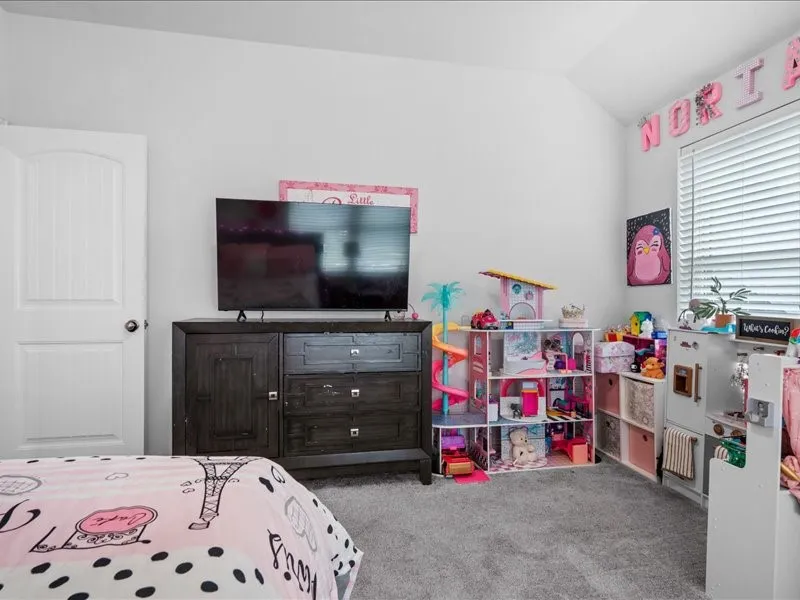 Carpeted flooring, vaulted ceiling, white interior door, window with horizontal blinds