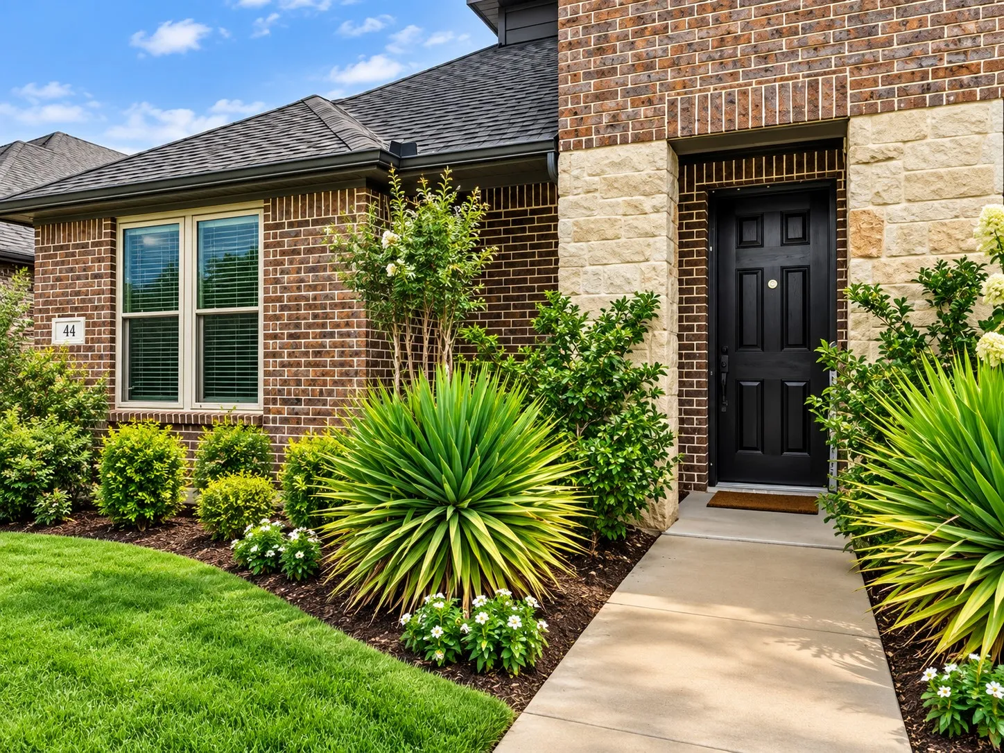 Brick and stone veneer exterior with a paneled black front door, a concrete walkway, and landscaped garden beds