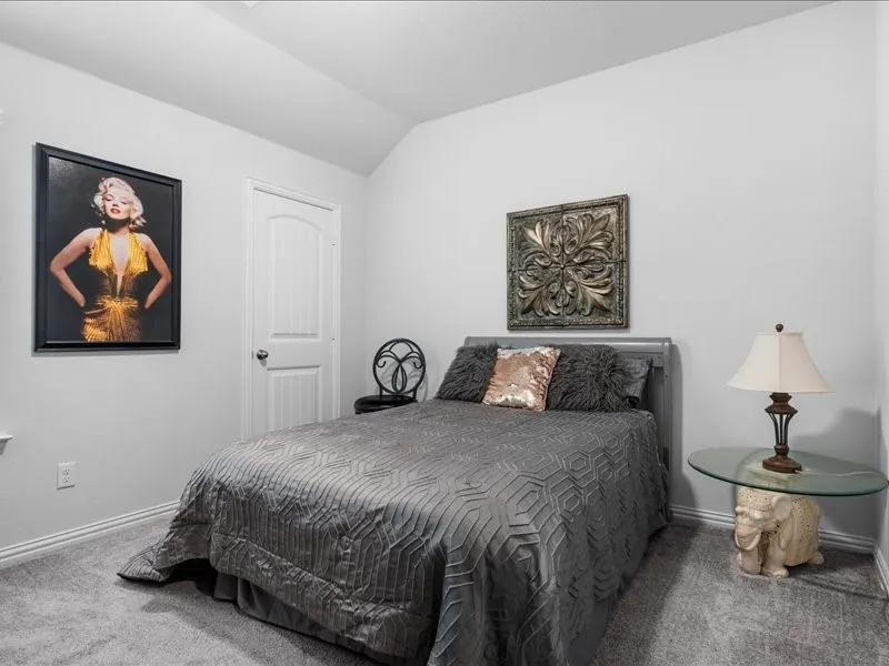 Neutral-toned walls complement the textured gray carpeting
