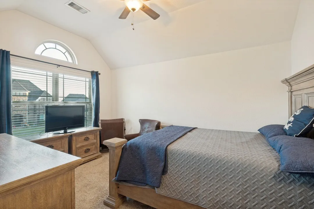 Vaulted ceiling with ceiling fan, arched transom window, large window with blinds, and neutral carpet flooring
