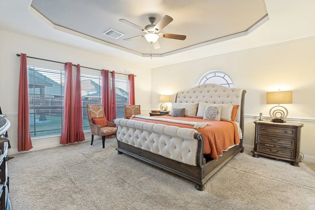 Tray ceiling with a ceiling fan, wall-to-wall carpeting, and multiple windows