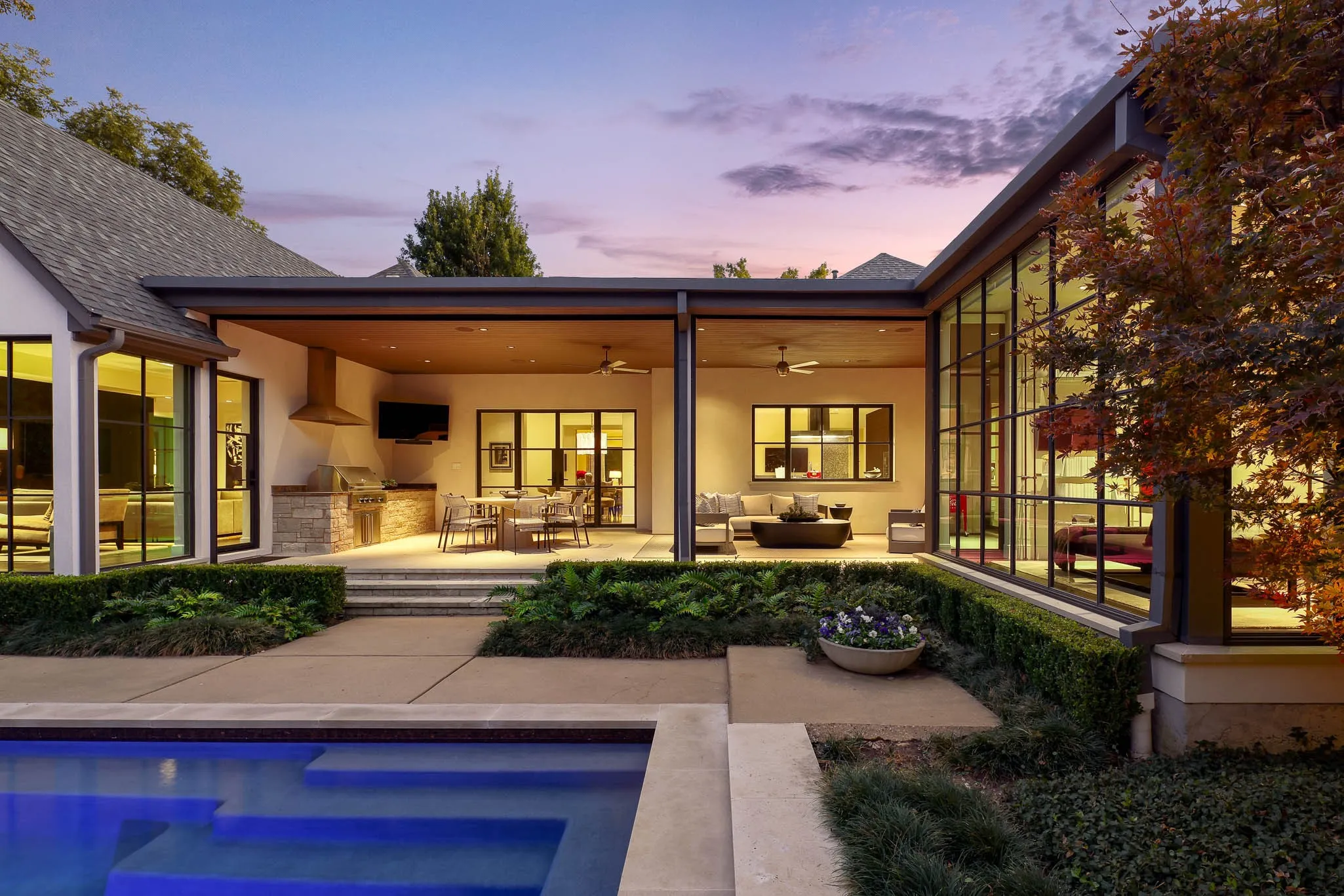 Dusk view of exterior elevation