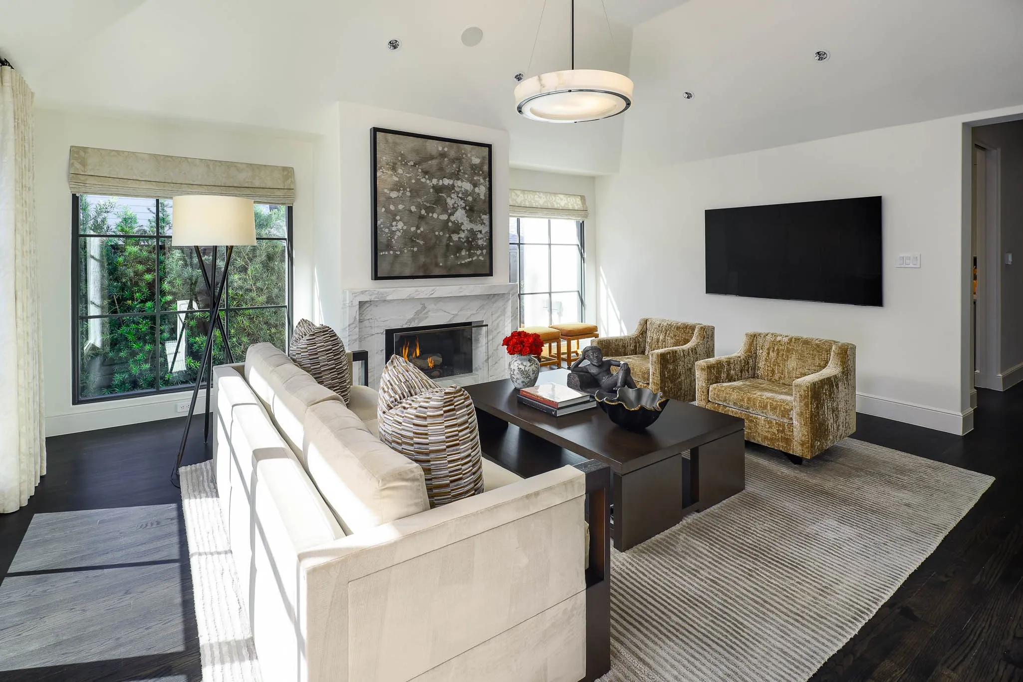 Den with gas fireplace