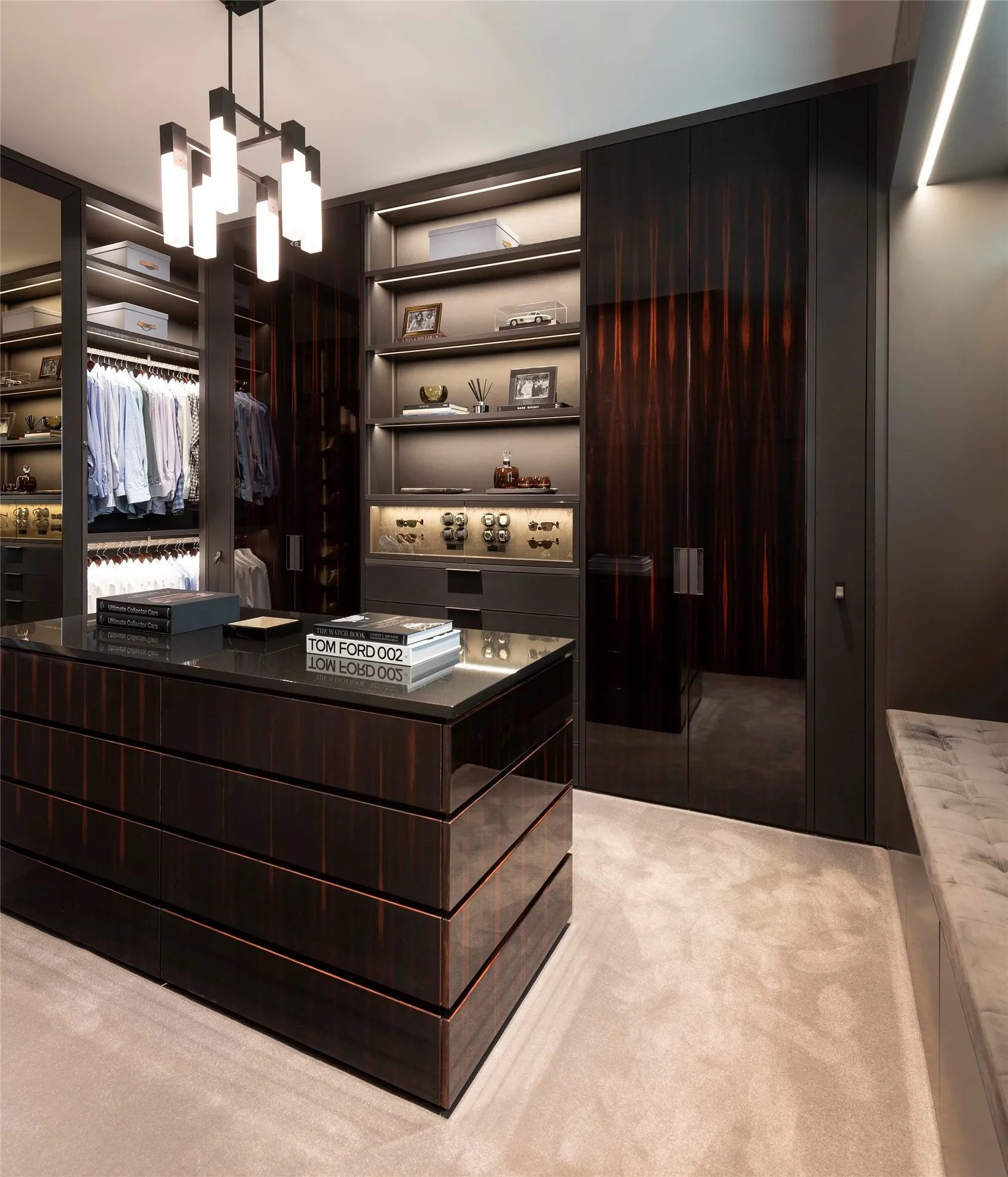 Eggersmann designed custom closet with Macassar ebony paneling and 8 watch winders