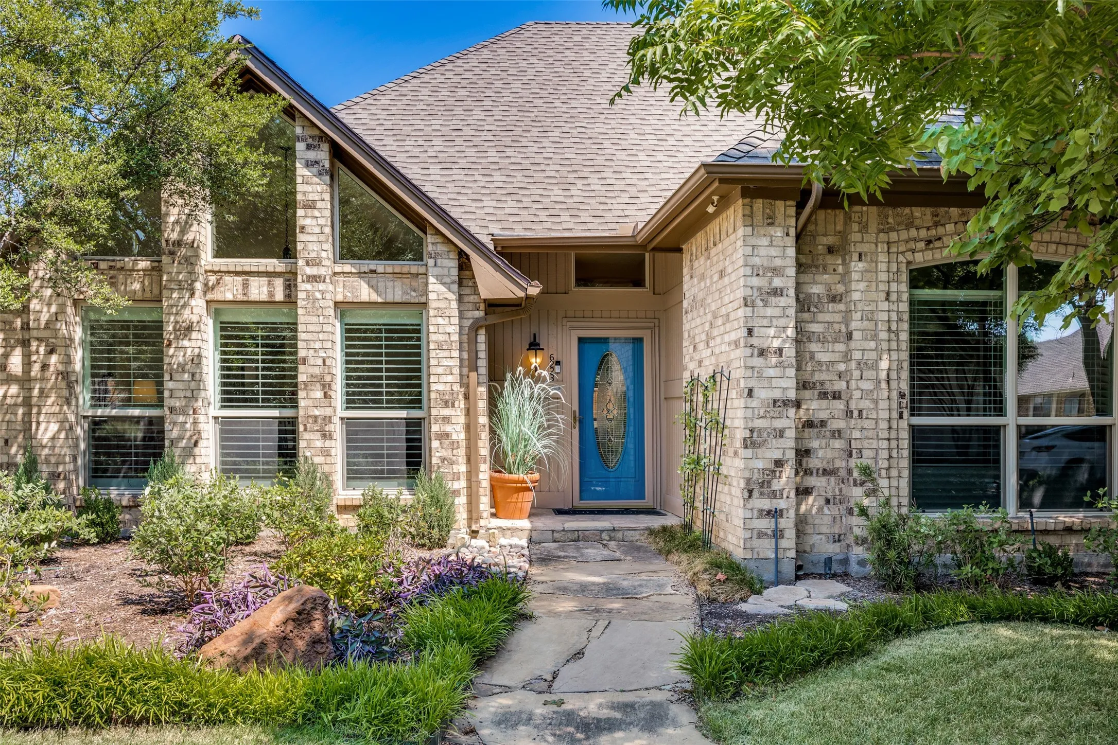 Bright blue door is welcoming