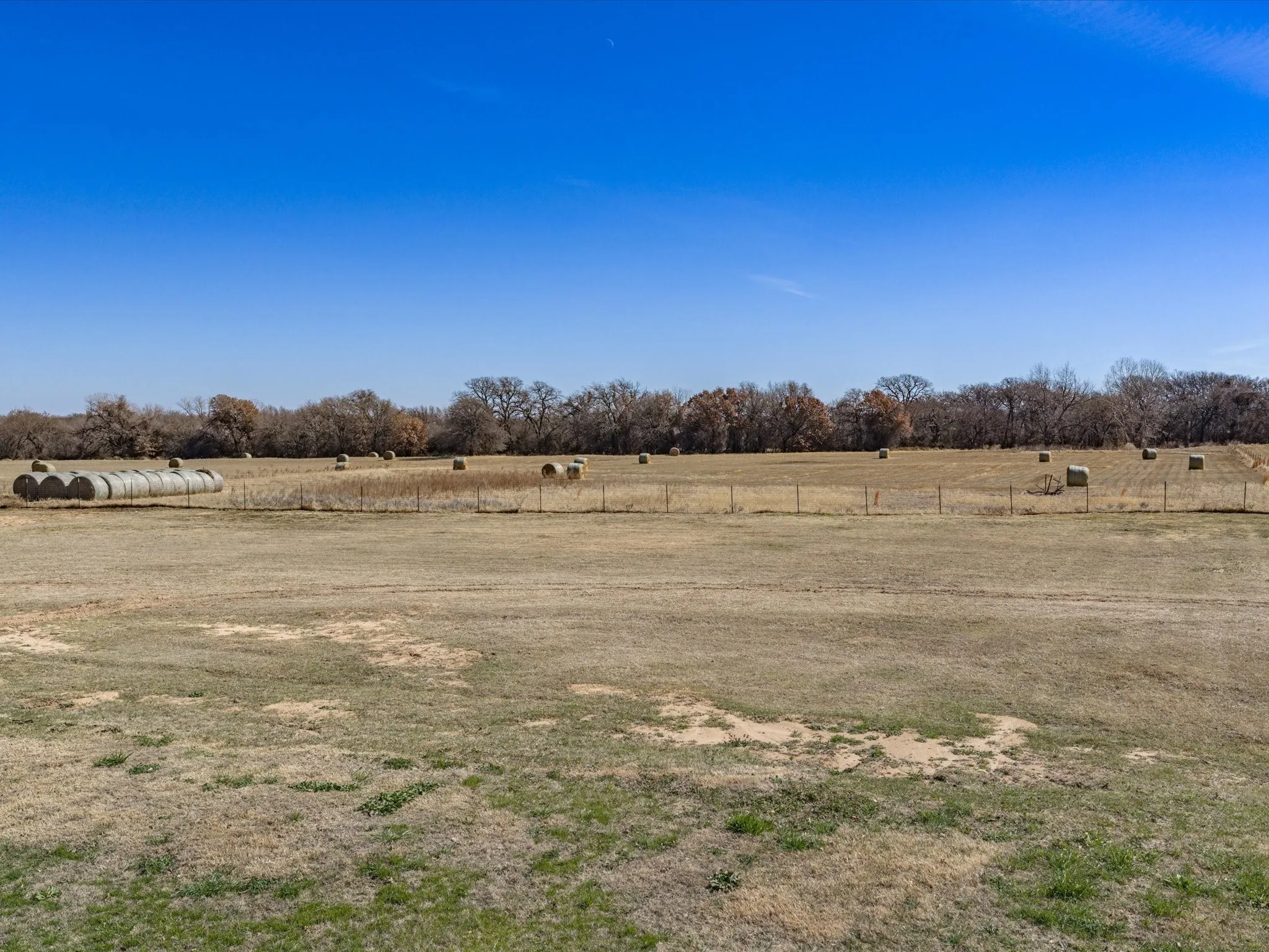 Expansive field with dry grass and a distant tree line
