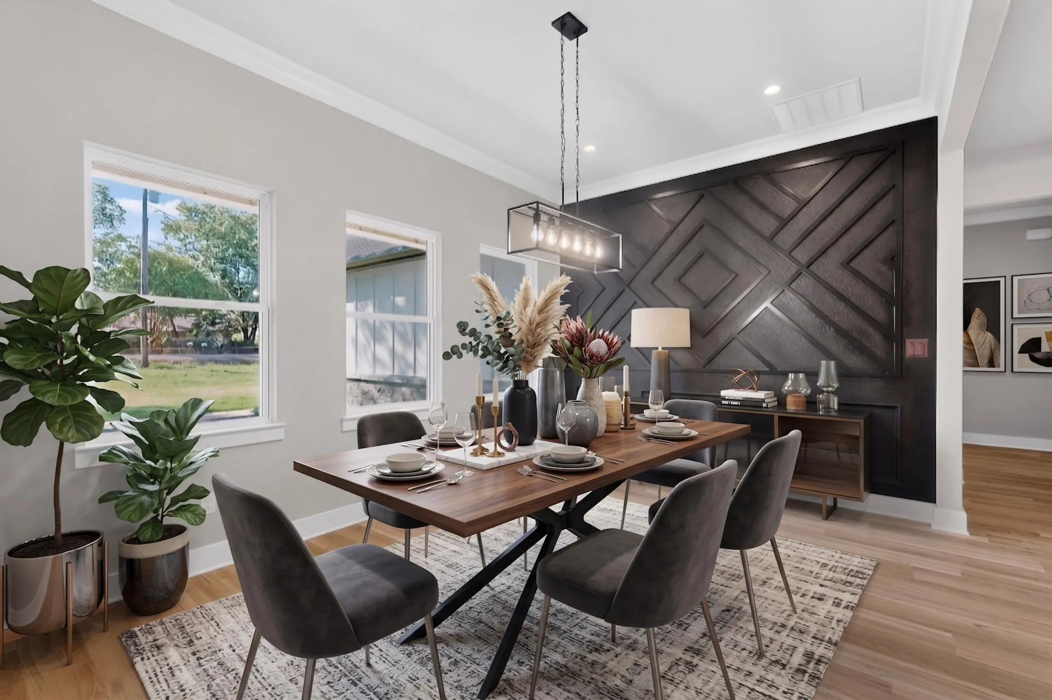 Accent wall with geometric paneling, wood-finish flooring, two large windows, recessed lighting, and crown molding