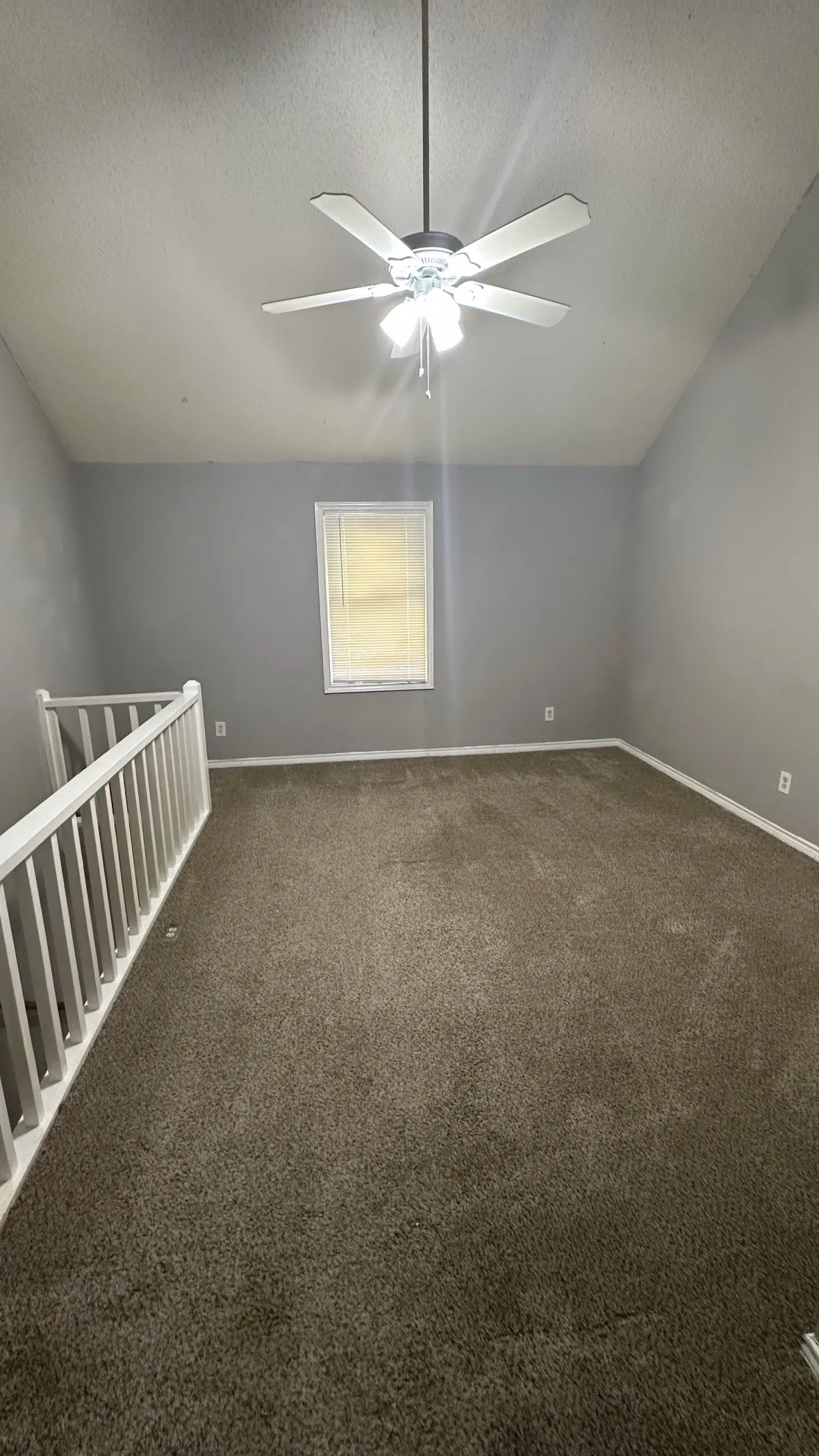 Vaulted ceiling with a ceiling fan light fixture, gray painted walls, and dark brown carpeting