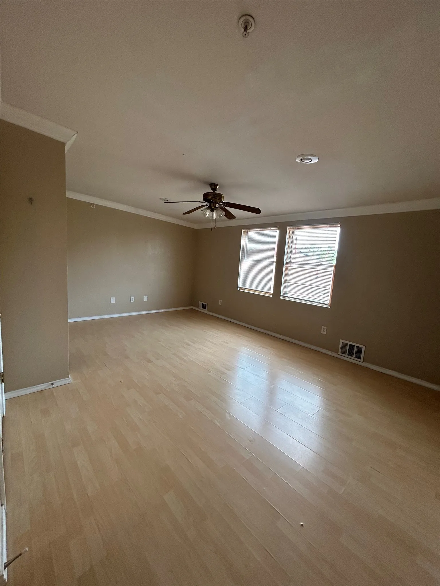 Wood-finish flooring throughout, crown molding, double windows, and a ceiling fan with integrated lighting