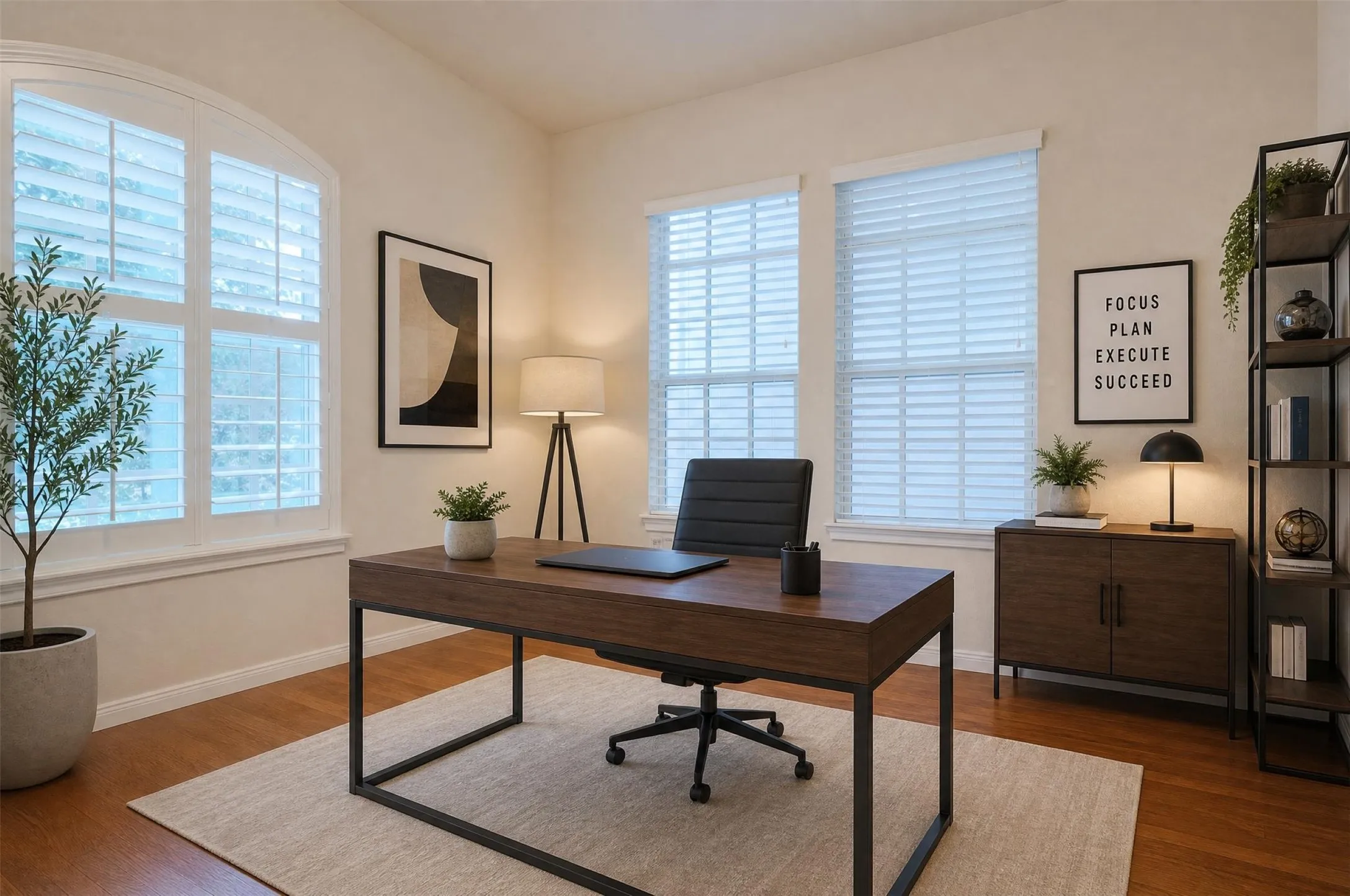 Hardwood flooring, arched window with plantation shutters, vaulted ceiling, and multiple windows with blinds