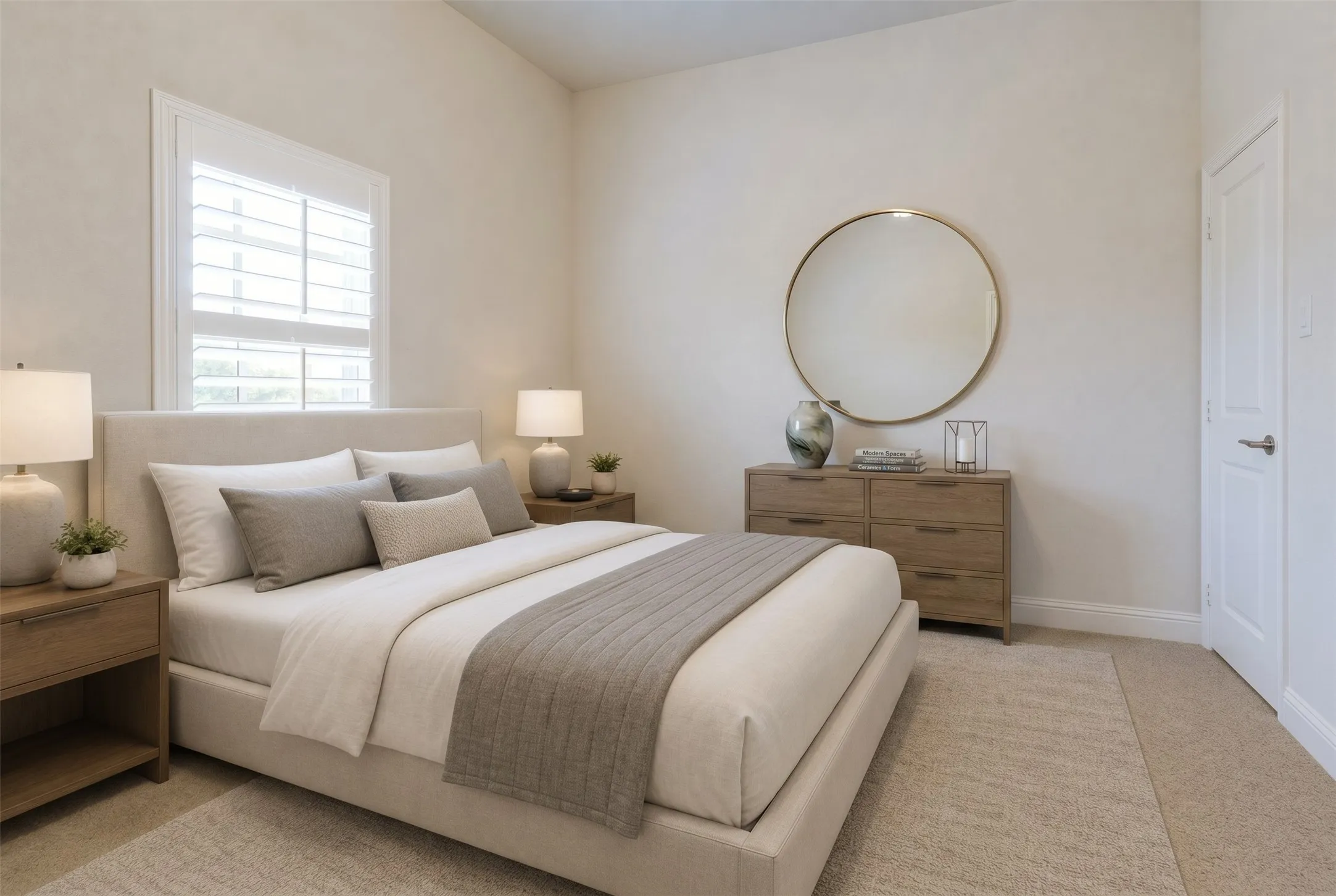 High ceilings, window with plantation shutters, light-toned carpeting, and a solid core door